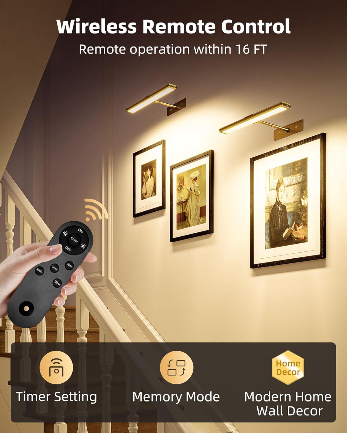 imageEZVALO Picture Light for Wall 4800mAh Rechargeable Wireless Remote 16in Dimmable Magnetic LED Art Display Light with 3 Color Temperatures for Gallery Living Room Bedroom Hallway GoldBright Gold