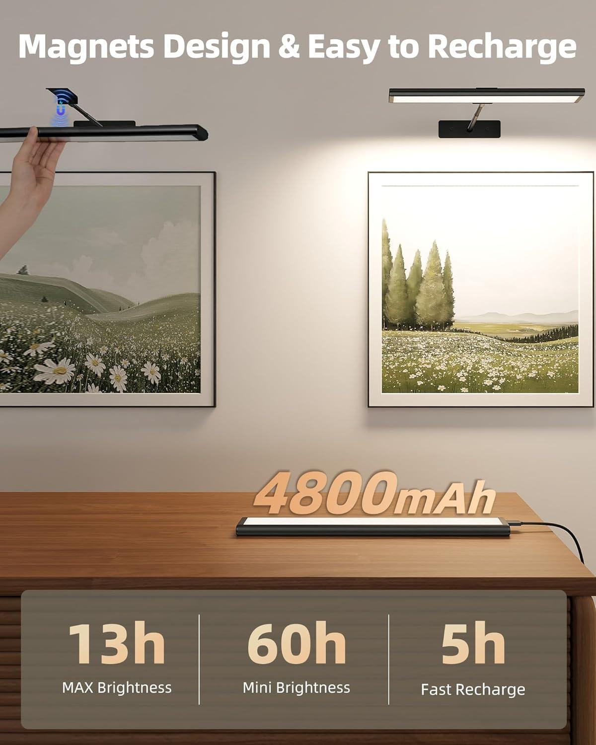 imageEZVALO Picture Light for Wall 4800mAh Rechargeable Wireless Remote 16in Dimmable Magnetic LED Art Display Light with 3 Color Temperatures for Gallery Living Room Bedroom Hallway GoldBlack