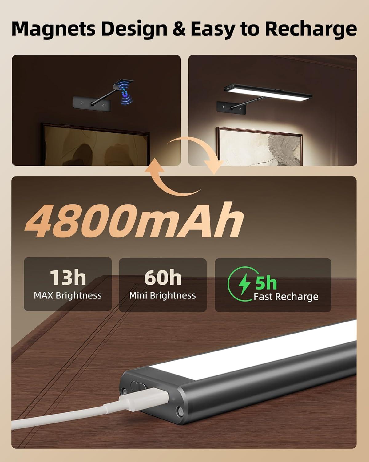 imageEZVALO Picture Light for Wall 4800mAh Rechargeable Wireless Remote 16in Dimmable Magnetic LED Art Display Light with 3 Color Temperatures for Gallery Living Room Bedroom Hallway GoldBlack