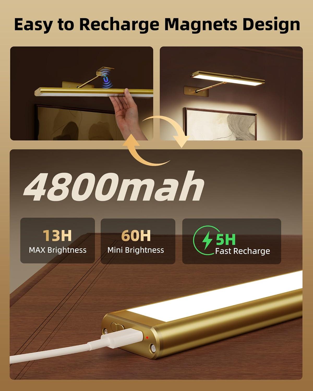 imageEZVALO Picture Light for Wall 4800mAh Rechargeable Wireless Remote 16in Dimmable Magnetic LED Art Display Light with 3 Color Temperatures for Gallery Living Room Bedroom Hallway GoldGold