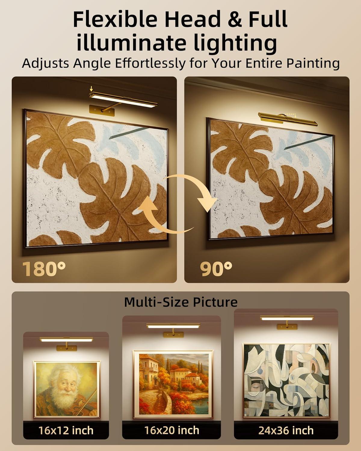 imageEZVALO Picture Light for Wall 4800mAh Rechargeable Wireless Remote 16in Dimmable Magnetic LED Art Display Light with 3 Color Temperatures for Gallery Living Room Bedroom Hallway GoldGold