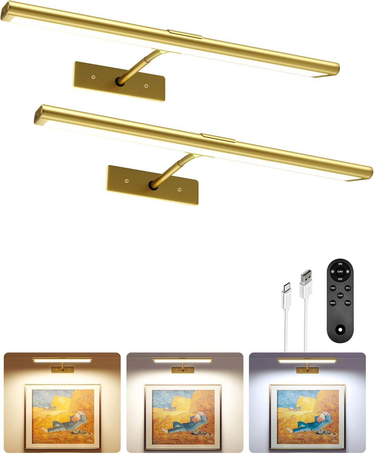 imageEZVALO Picture Light for Wall 4800mAh Rechargeable Wireless Remote 16in Dimmable Magnetic LED Art Display Light with 3 Color Temperatures for Gallery Living Room Bedroom Hallway GoldGold