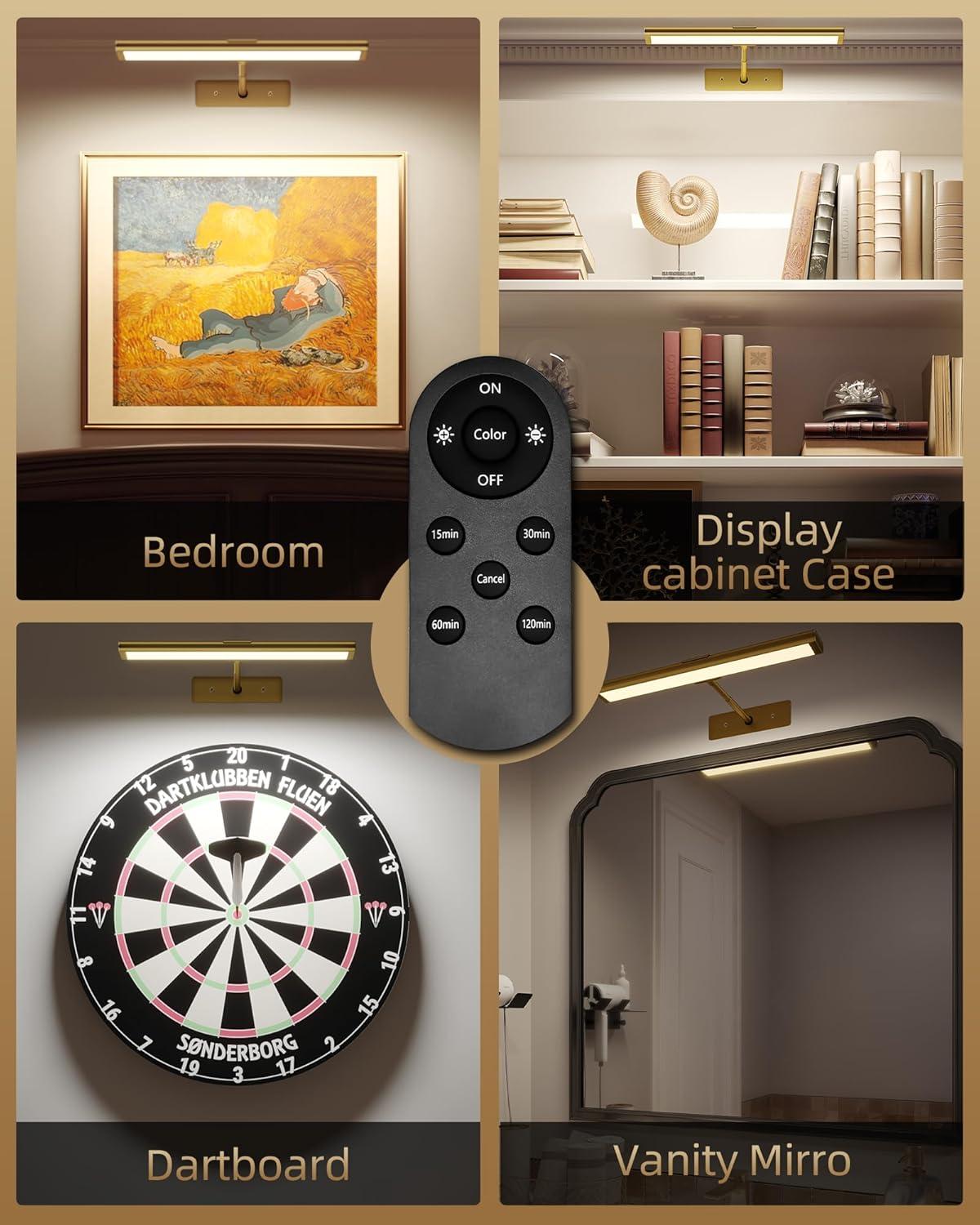 imageEZVALO Picture Light for Wall 4800mAh Rechargeable Wireless Remote 16in Dimmable Magnetic LED Art Display Light with 3 Color Temperatures for Gallery Living Room Bedroom Hallway GoldBright Gold