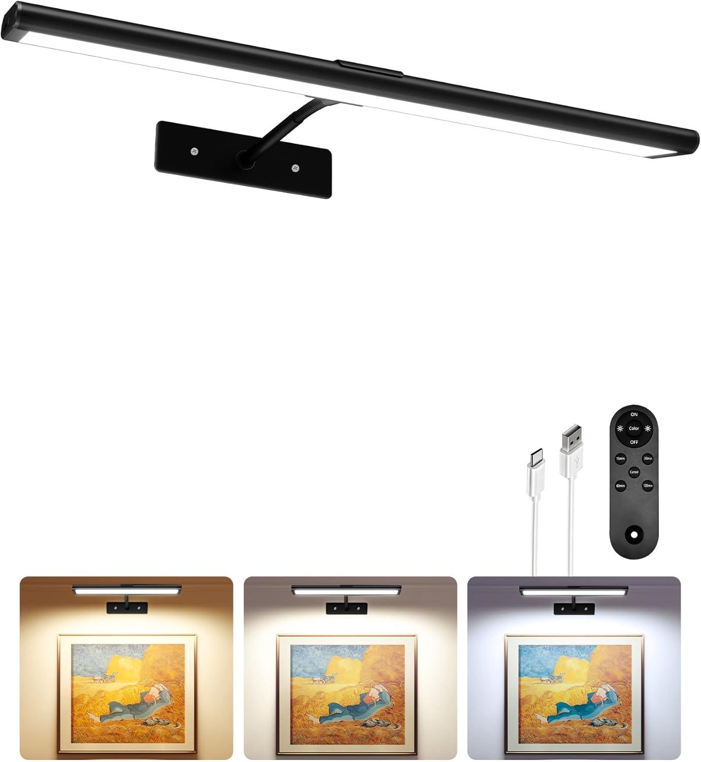 imageEZVALO Picture Light for Wall 4800mAh Rechargeable Wireless Remote 16in Dimmable Magnetic LED Art Display Light with 3 Color Temperatures for Gallery Living Room Bedroom Hallway GoldBlack