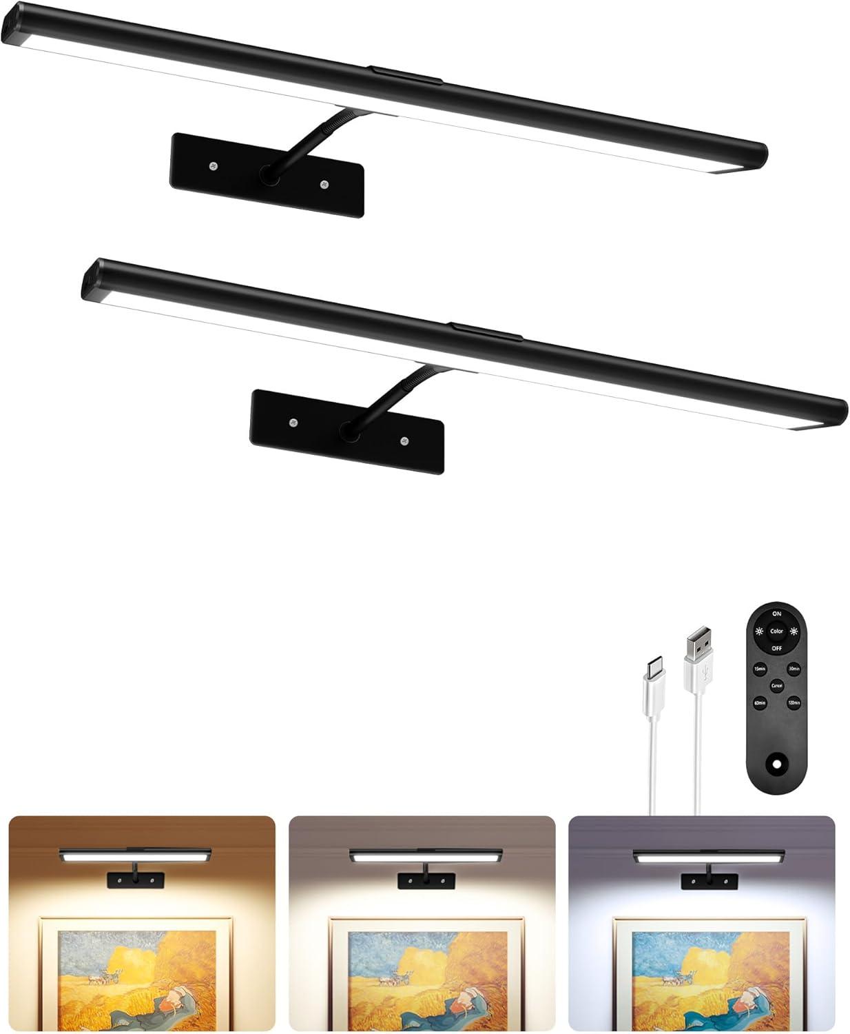 imageEZVALO Picture Light for Wall 4800mAh Rechargeable Wireless Remote 16in Dimmable Magnetic LED Art Display Light with 3 Color Temperatures for Gallery Living Room Bedroom Hallway GoldBlack