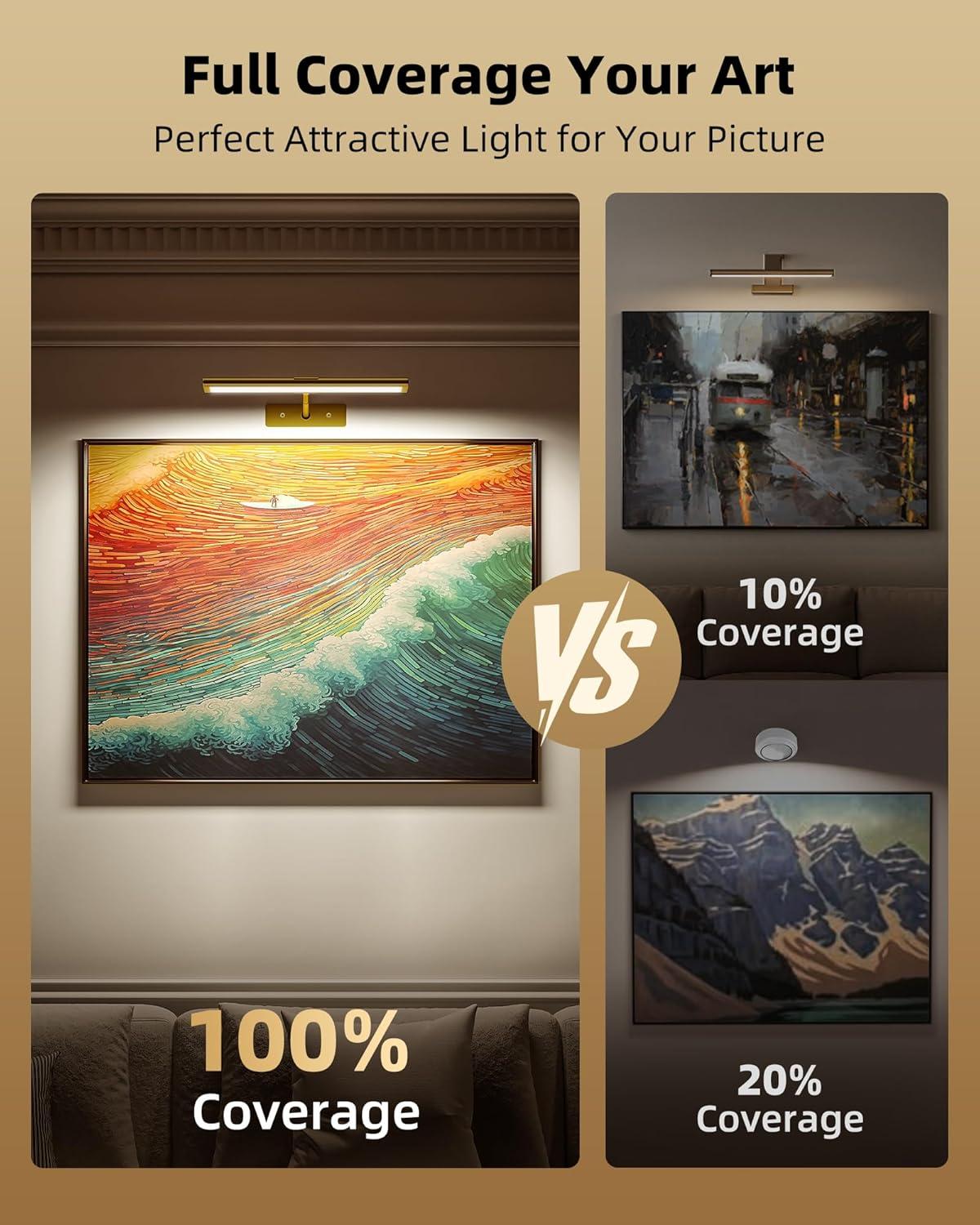 imageEZVALO Picture Light for Wall 4800mAh Rechargeable Wireless Remote 16in Dimmable Magnetic LED Art Display Light with 3 Color Temperatures for Gallery Living Room Bedroom Hallway GoldBright Gold