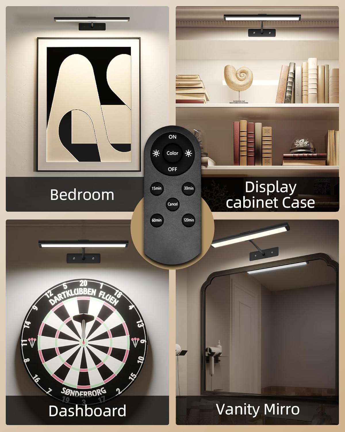 imageEZVALO Picture Light for Wall 4800mAh Rechargeable Wireless Remote 16in Dimmable Magnetic LED Art Display Light with 3 Color Temperatures for Gallery Living Room Bedroom Hallway GoldBlack