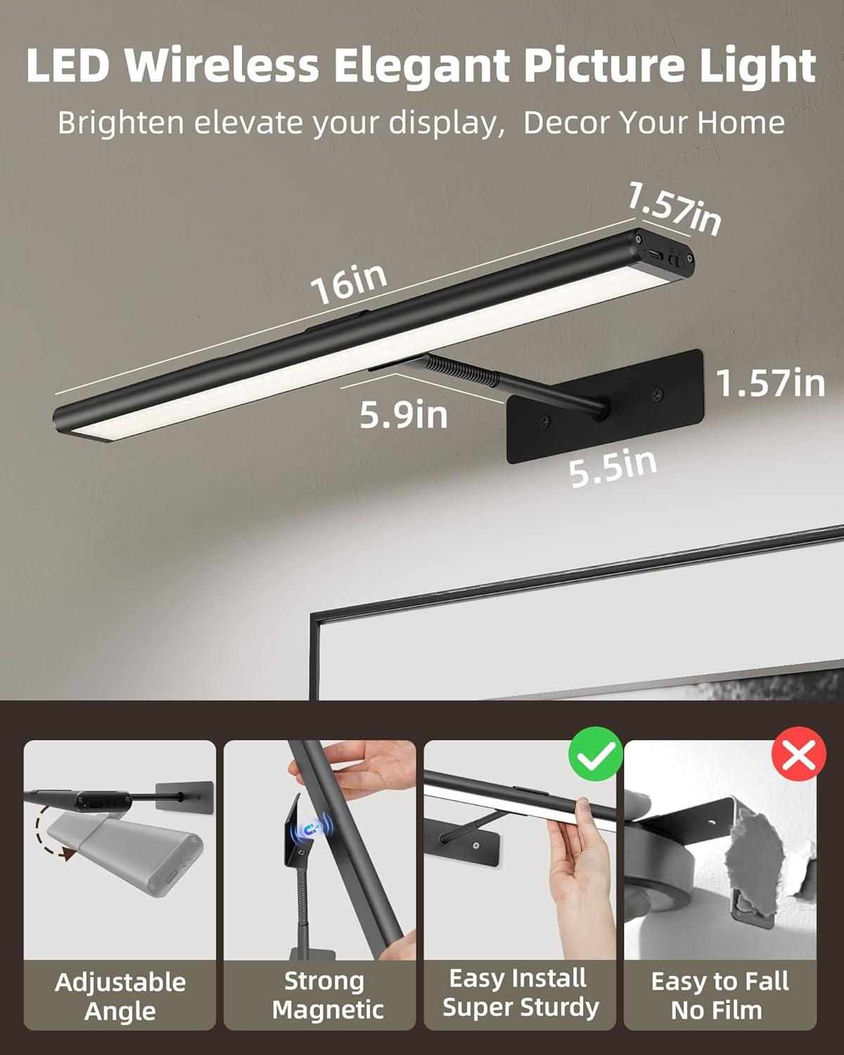 imageEZVALO Picture Light for Wall 4800mAh Rechargeable Wireless Remote 16in Dimmable Magnetic LED Art Display Light with 3 Color Temperatures for Gallery Living Room Bedroom Hallway GoldBlack