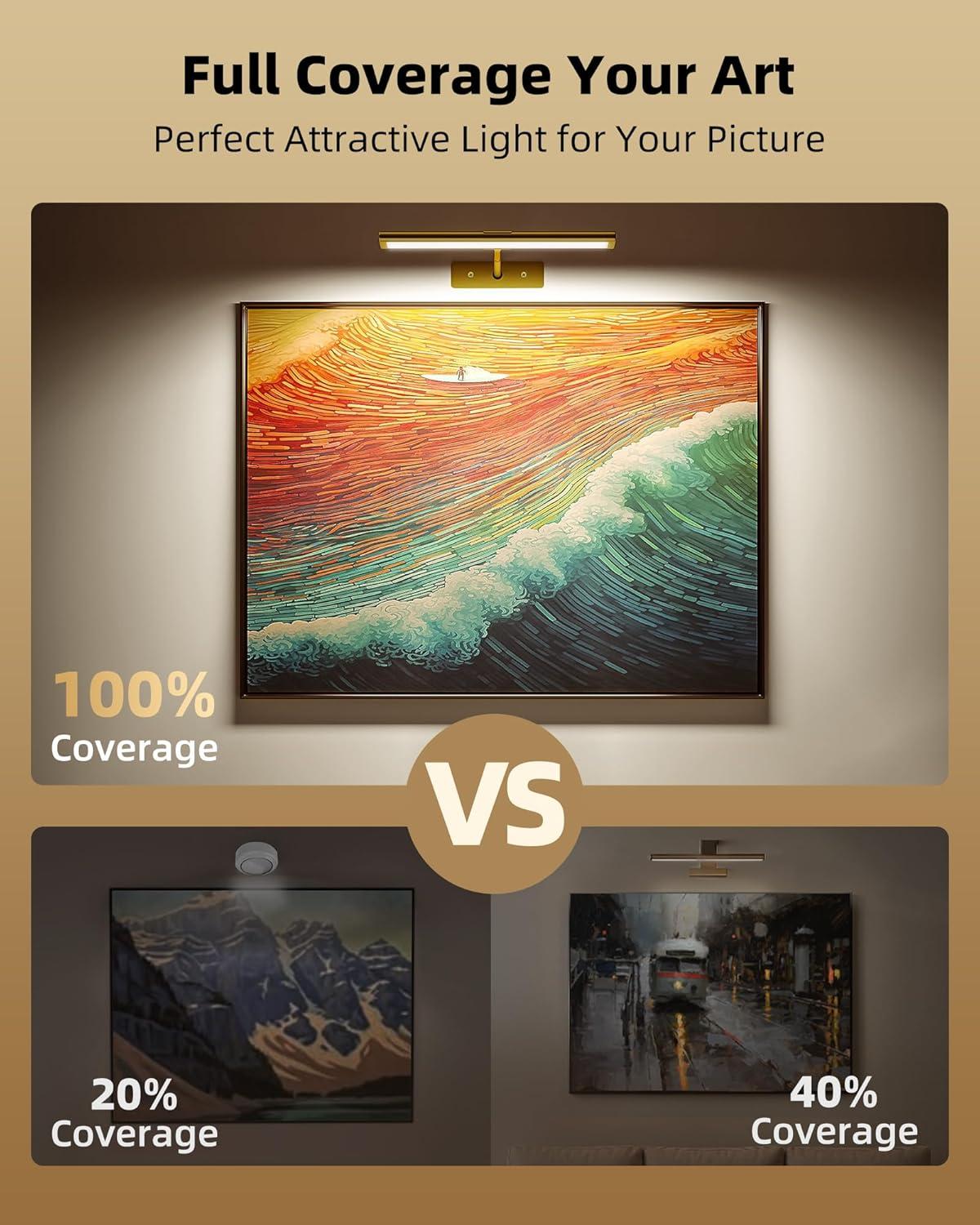 imageEZVALO Picture Light for Wall 4800mAh Rechargeable Wireless Remote 16in Dimmable Magnetic LED Art Display Light with 3 Color Temperatures for Gallery Living Room Bedroom Hallway GoldGold