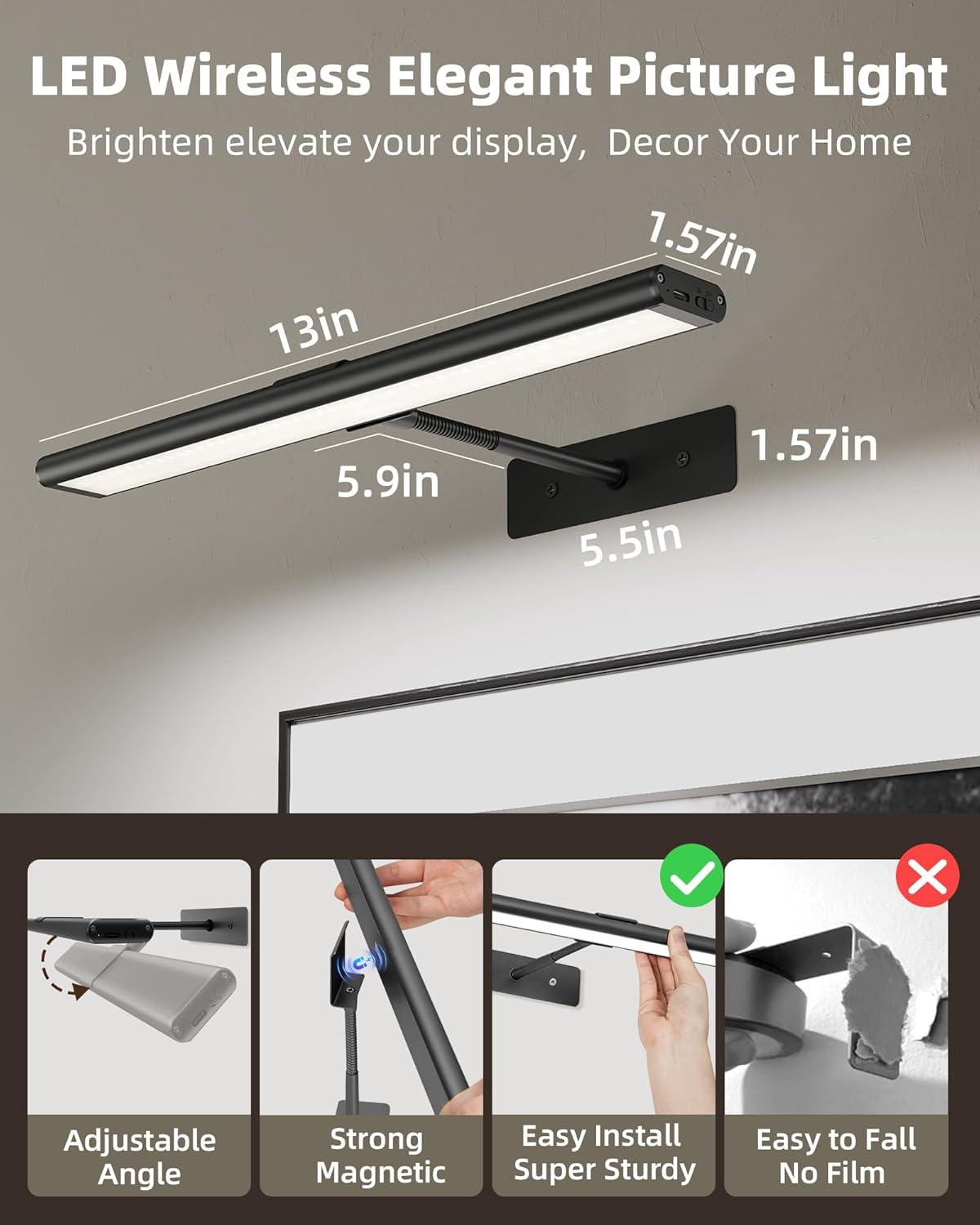 imageEZVALO Picture Light for Wall 4800mAh Rechargeable Wireless Remote 16in Dimmable Magnetic LED Art Display Light with 3 Color Temperatures for Gallery Living Room Bedroom Hallway GoldBlack