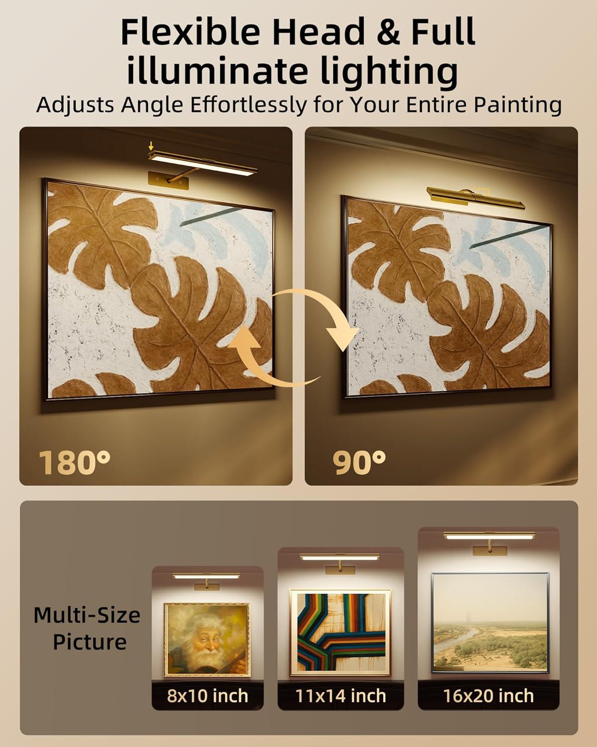 imageEZVALO Picture Light for Wall 4800mAh Rechargeable Wireless Remote 16in Dimmable Magnetic LED Art Display Light with 3 Color Temperatures for Gallery Living Room Bedroom Hallway GoldGold