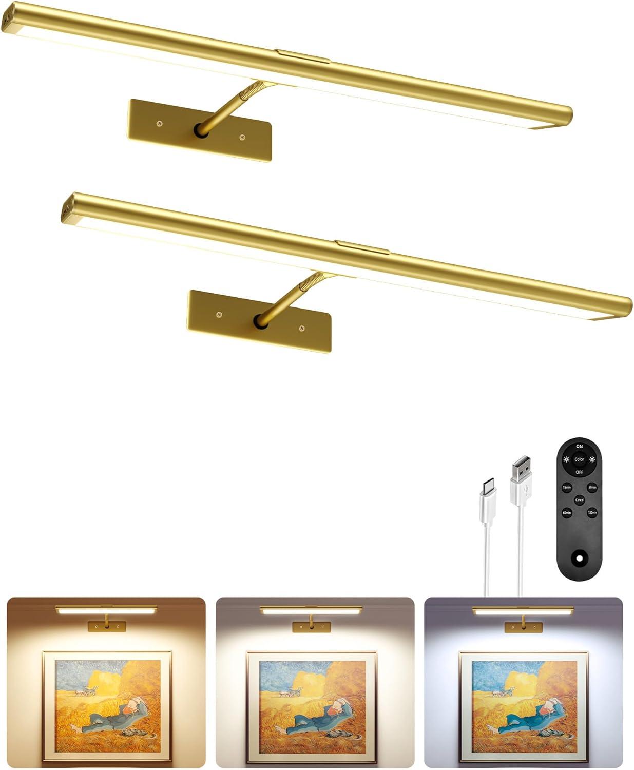 imageEZVALO Picture Light for Wall 4800mAh Rechargeable Wireless Remote 16in Dimmable Magnetic LED Art Display Light with 3 Color Temperatures for Gallery Living Room Bedroom Hallway GoldGold