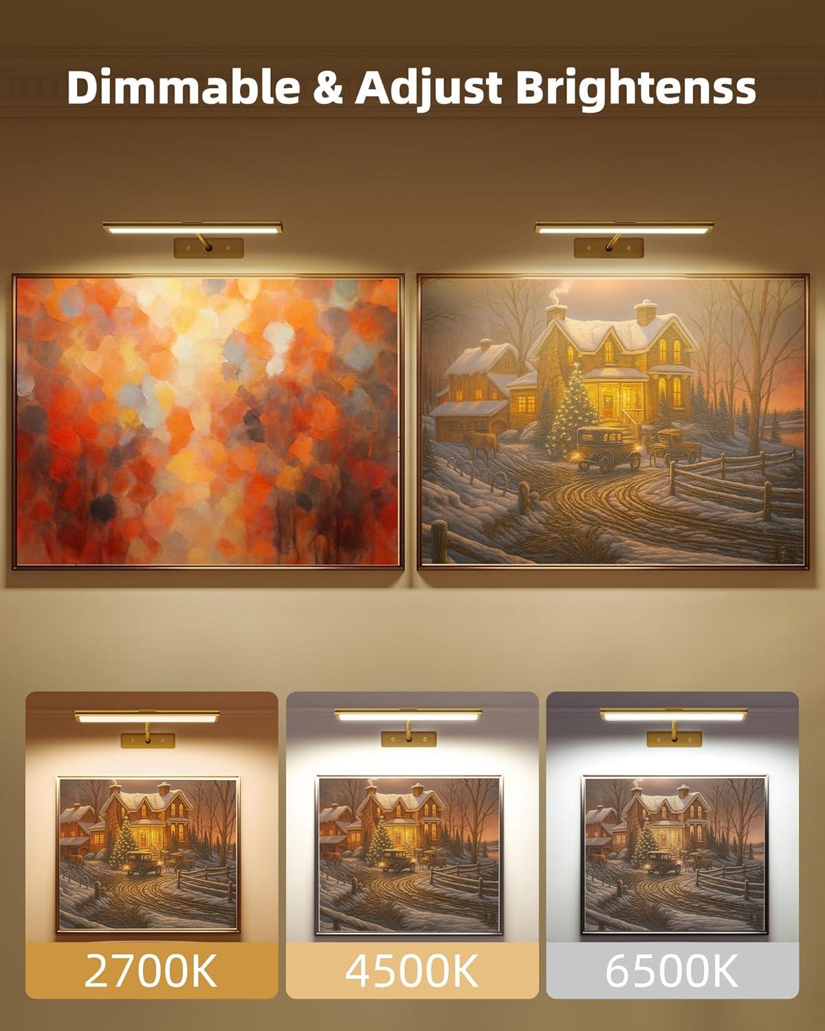 imageEZVALO Picture Light for Wall 4800mAh Rechargeable Wireless Remote 16in Dimmable Magnetic LED Art Display Light with 3 Color Temperatures for Gallery Living Room Bedroom Hallway GoldGold