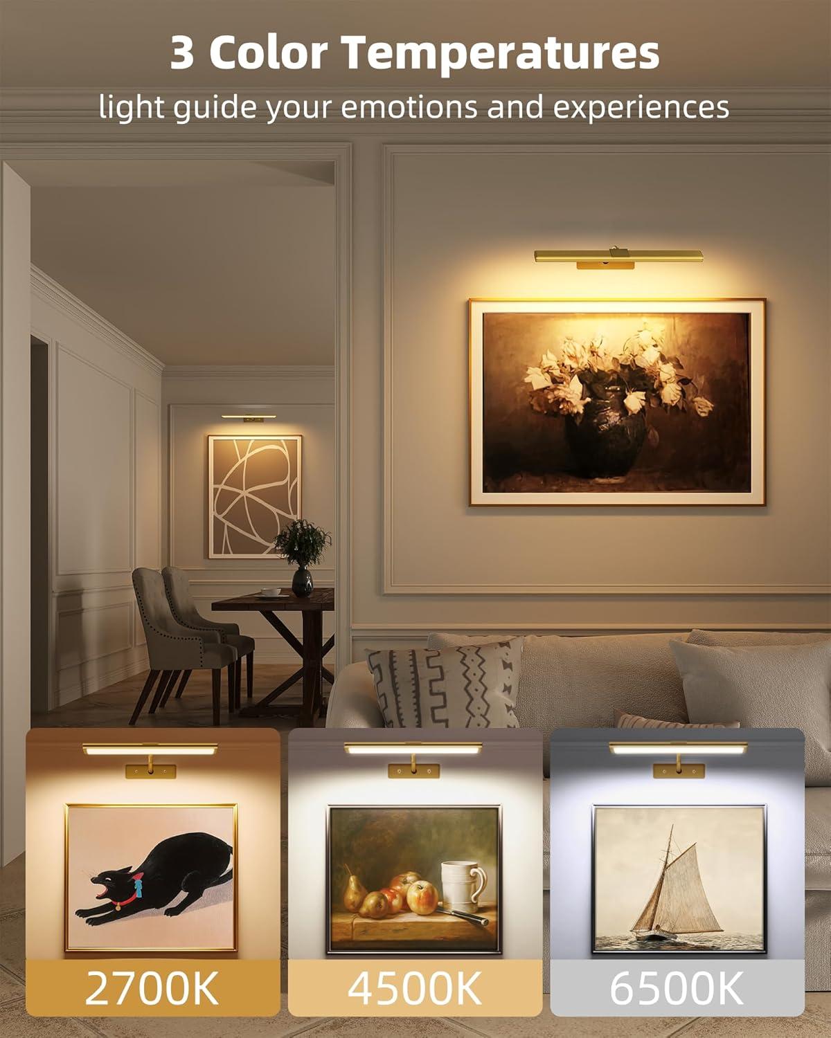 imageEZVALO Picture Light for Wall 4800mAh Rechargeable Wireless Remote 16in Dimmable Magnetic LED Art Display Light with 3 Color Temperatures for Gallery Living Room Bedroom Hallway GoldGold