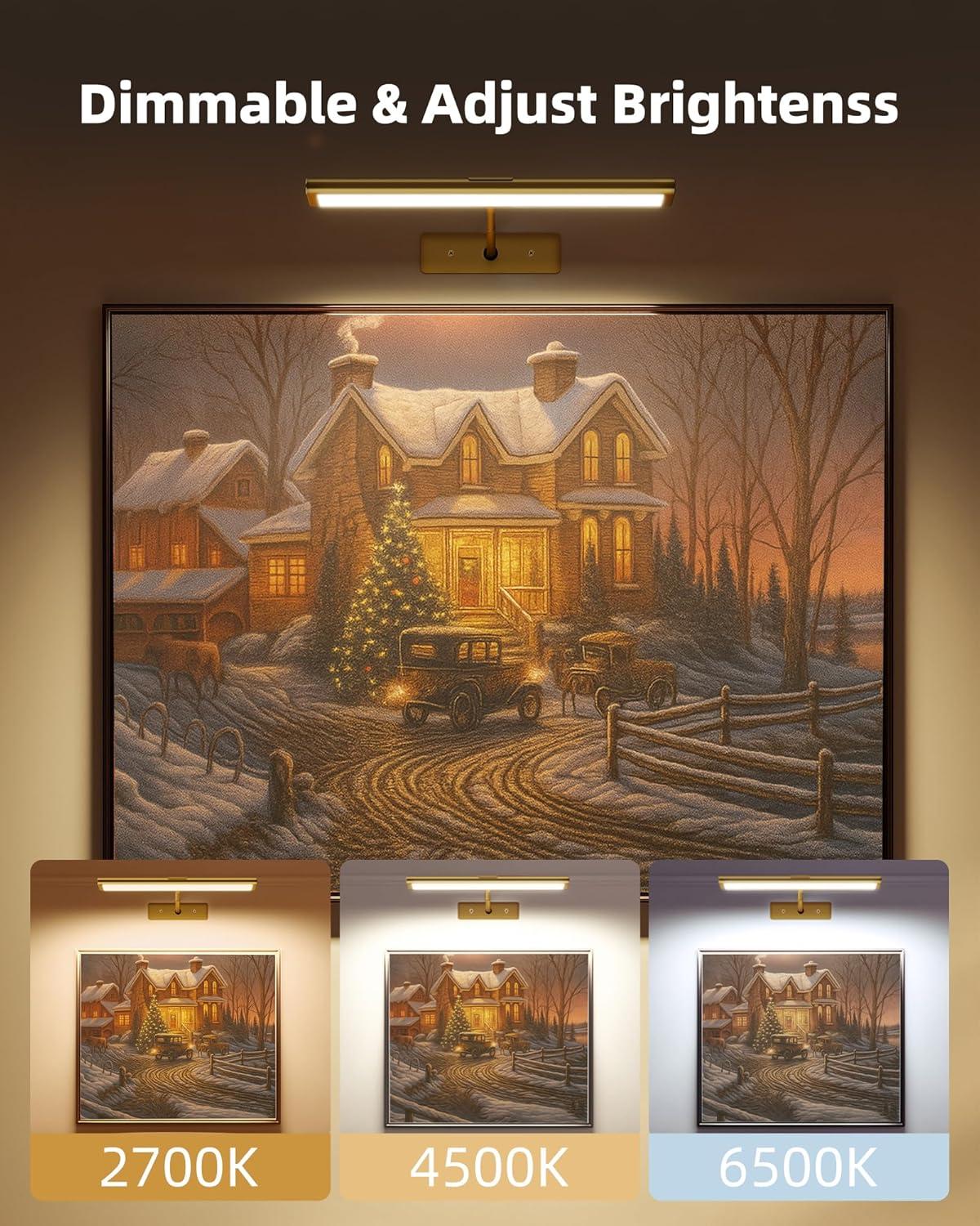 imageEZVALO Picture Light for Wall 4800mAh Rechargeable Wireless Remote 16in Dimmable Magnetic LED Art Display Light with 3 Color Temperatures for Gallery Living Room Bedroom Hallway GoldBright Gold