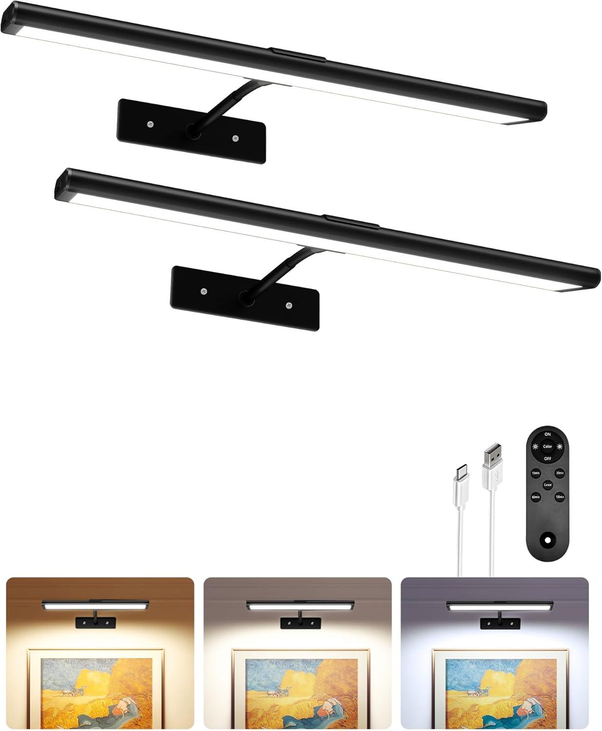 imageEZVALO Picture Light for Wall 4800mAh Rechargeable Wireless Remote 16in Dimmable Magnetic LED Art Display Light with 3 Color Temperatures for Gallery Living Room Bedroom Hallway GoldBlack