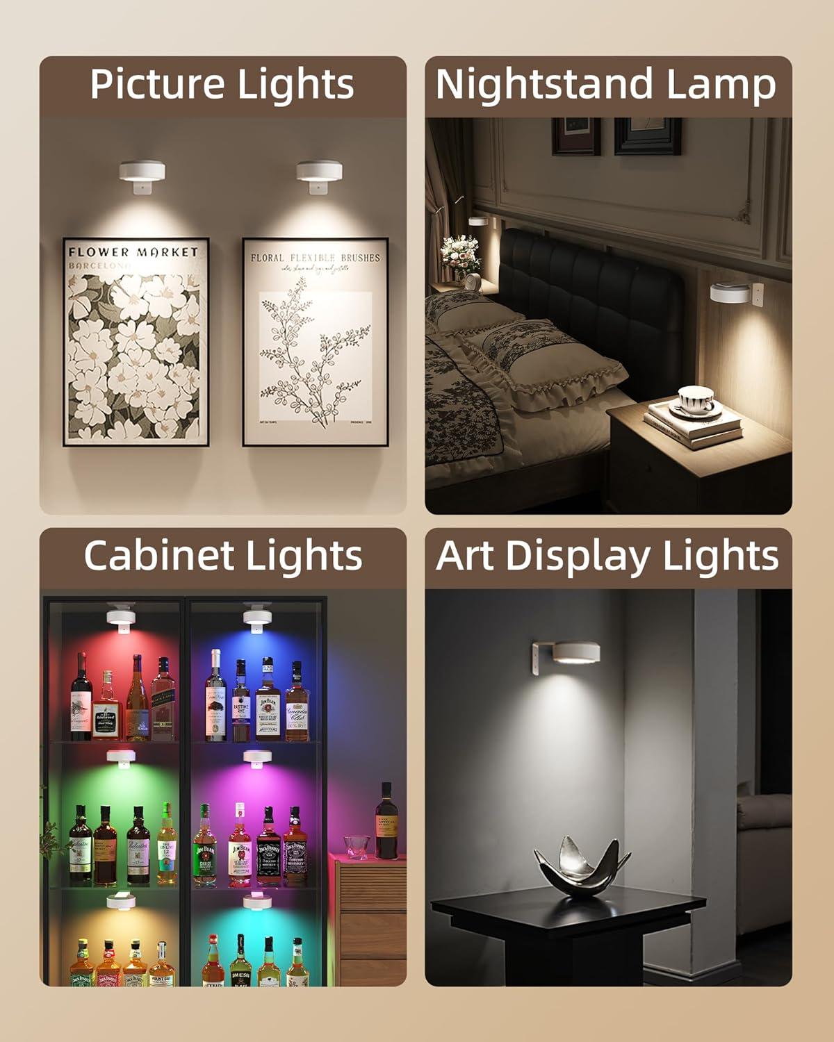 imageEZVALO Picture Lights for Wall 2000mAh Rechargeable Battery Magnetic Poster Lights with 3 Color Temps ampamp 12 RGB Remote Dimmable Timer Painting Light Wall Decor Light for Art Display Frame 6 PackWhite