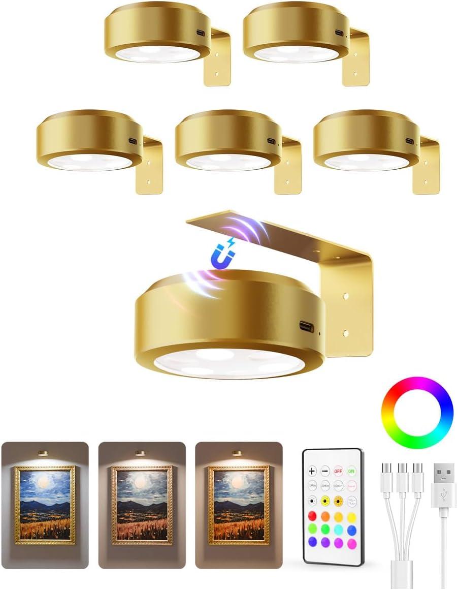 imageEZVALO Picture Lights for Wall 2000mAh Rechargeable Battery Magnetic Poster Lights with 3 Color Temps ampamp 12 RGB Remote Dimmable Timer Painting Light Wall Decor Light for Art Display Frame 6 PackGold