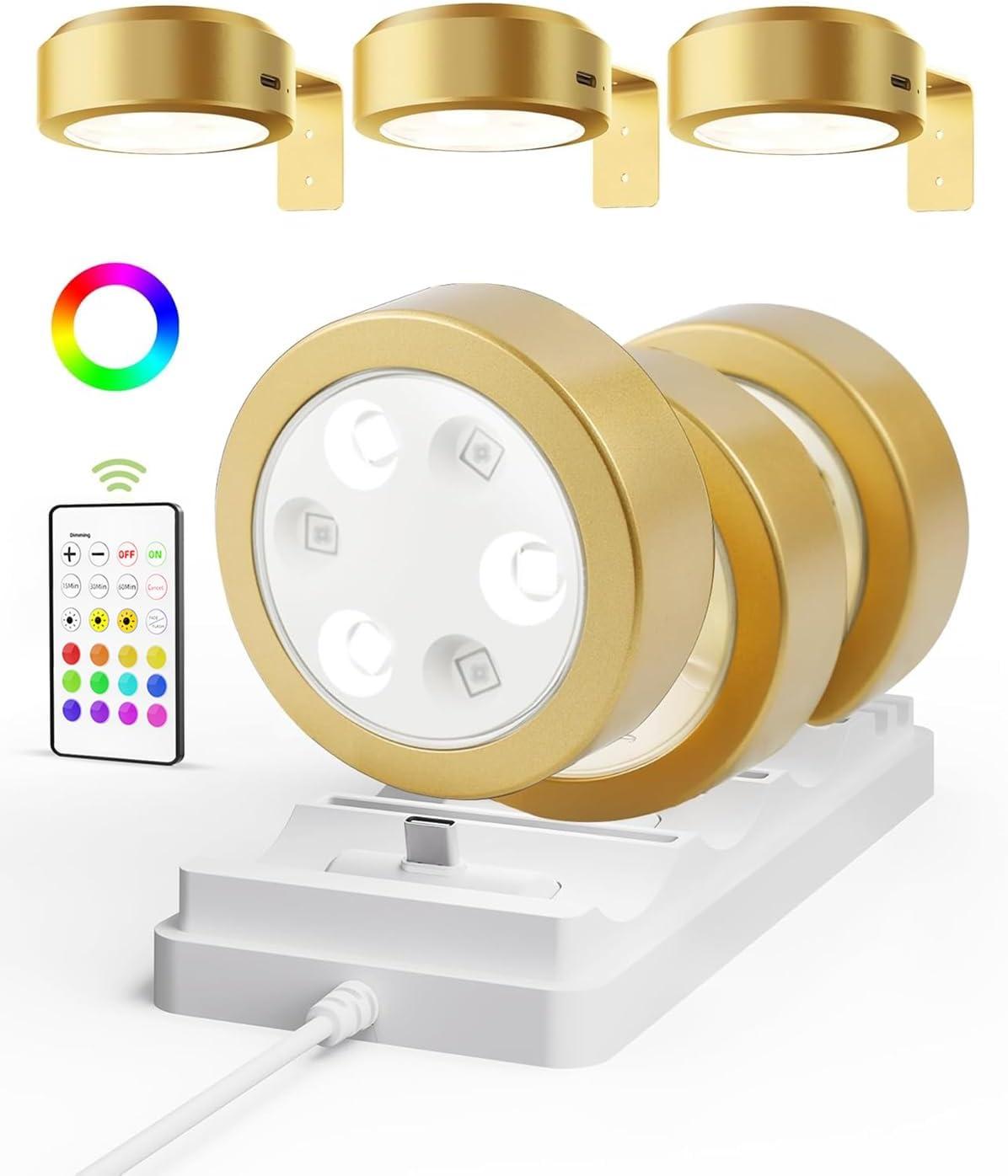 imageEZVALO Picture Lights for Wall 2000mAh Rechargeable Battery Magnetic Poster Lights with 3 Color Temps ampamp 12 RGB Remote Dimmable Timer Painting Light Wall Decor Light for Art Display Frame 6 PackGold