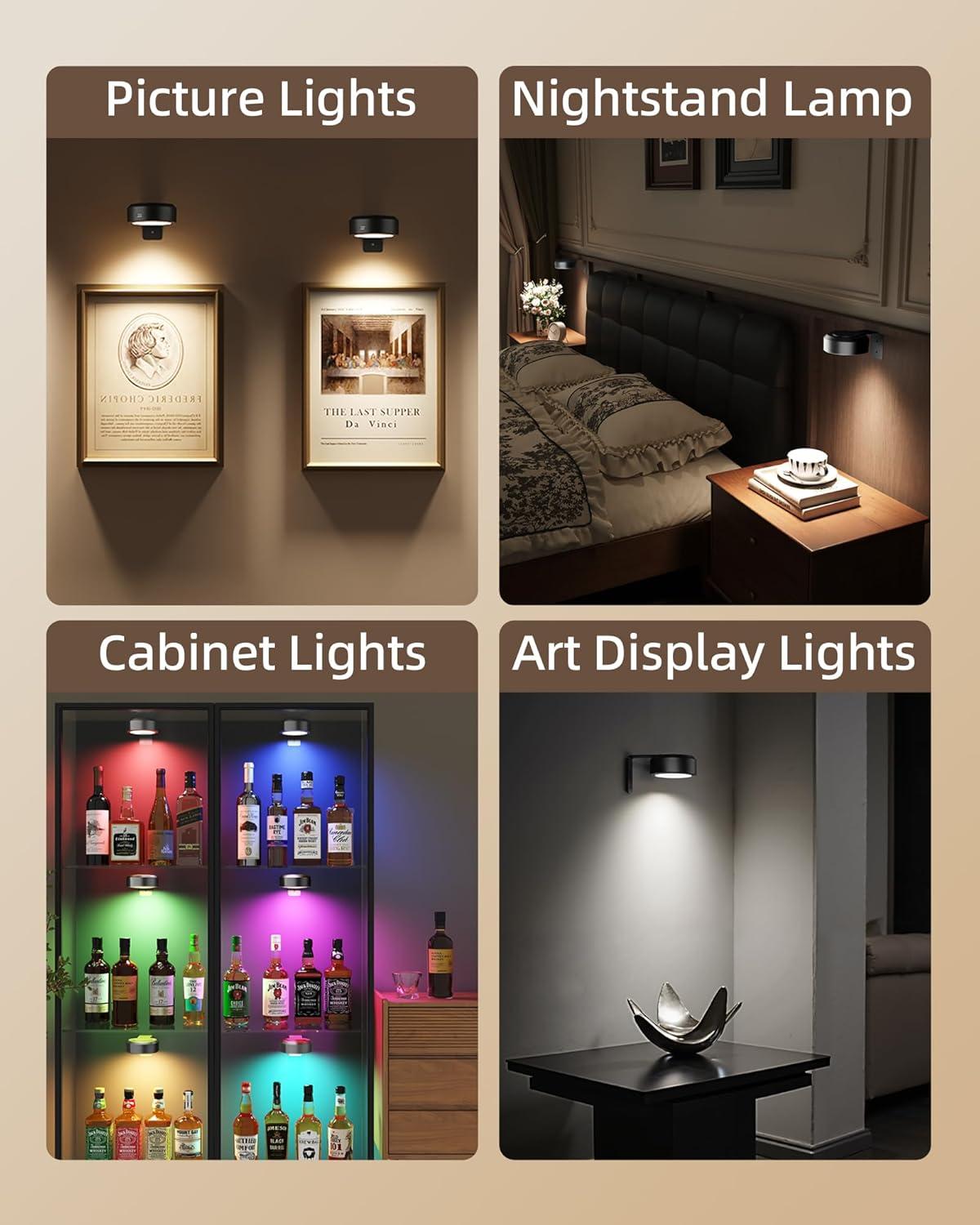 imageEZVALO Picture Lights for Wall 2000mAh Rechargeable Battery Magnetic Poster Lights with 3 Color Temps ampamp 12 RGB Remote Dimmable Timer Painting Light Wall Decor Light for Art Display Frame 6 PackBlack
