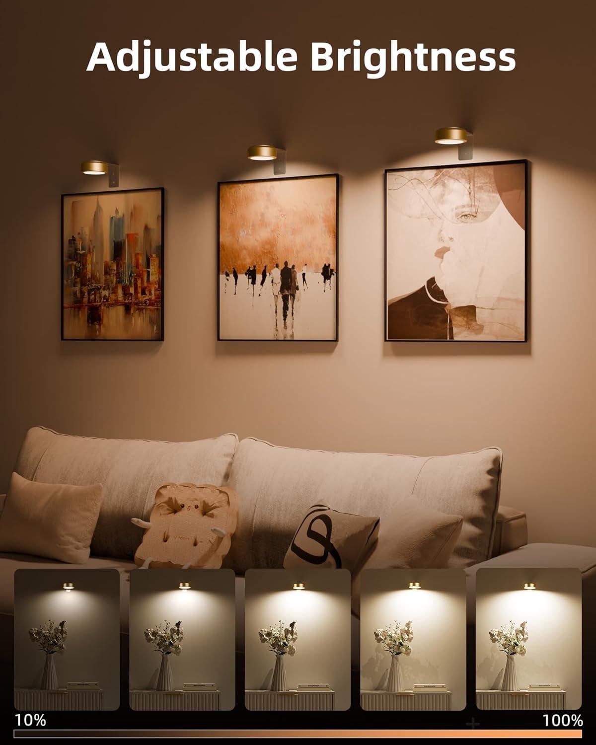 imageEZVALO Picture Lights for Wall 2000mAh Rechargeable Battery Magnetic Poster Lights with 3 Color Temps ampamp 12 RGB Remote Dimmable Timer Painting Light Wall Decor Light for Art Display Frame 6 PackGold