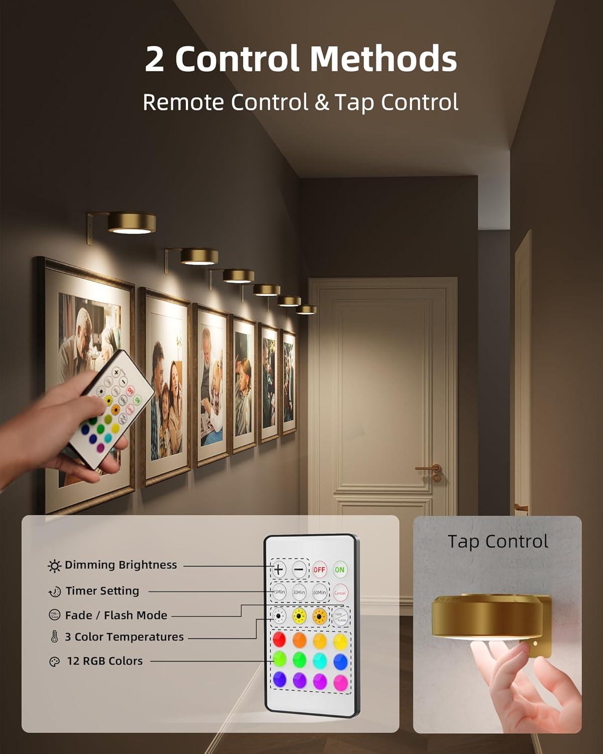 imageEZVALO Picture Lights for Wall 2000mAh Rechargeable Battery Magnetic Poster Lights with 3 Color Temps ampamp 12 RGB Remote Dimmable Timer Painting Light Wall Decor Light for Art Display Frame 6 PackGold