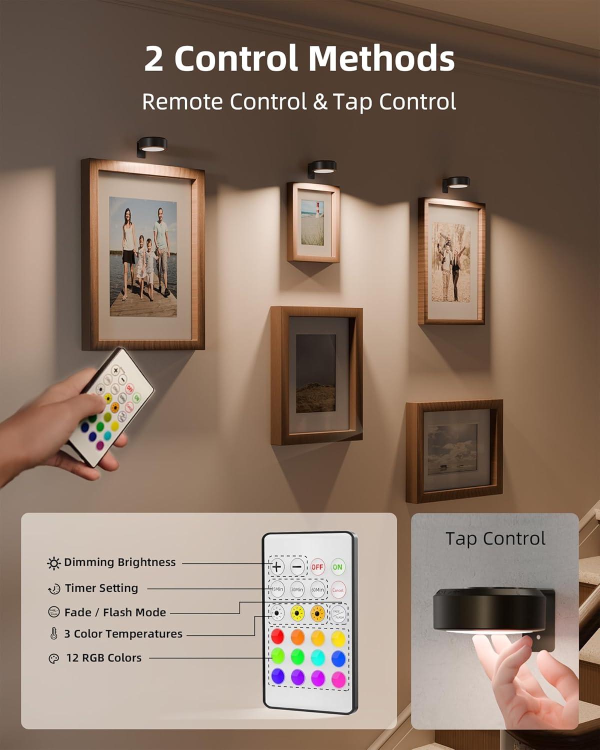 imageEZVALO Picture Lights for Wall 2000mAh Rechargeable Battery Magnetic Poster Lights with 3 Color Temps ampamp 12 RGB Remote Dimmable Timer Painting Light Wall Decor Light for Art Display Frame 6 PackBlack