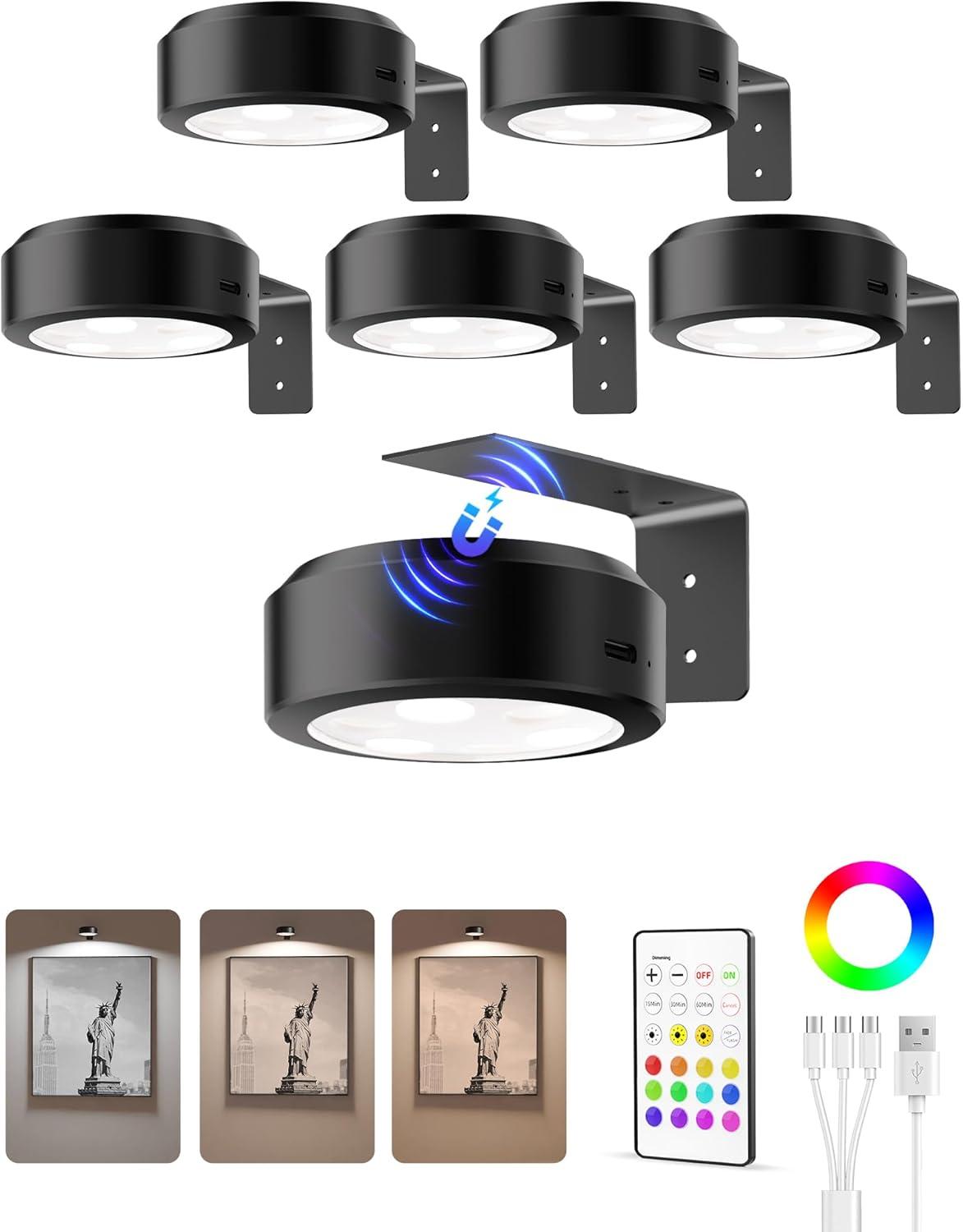 imageEZVALO Picture Lights for Wall 2000mAh Rechargeable Battery Magnetic Poster Lights with 3 Color Temps ampamp 12 RGB Remote Dimmable Timer Painting Light Wall Decor Light for Art Display Frame 6 PackBlack
