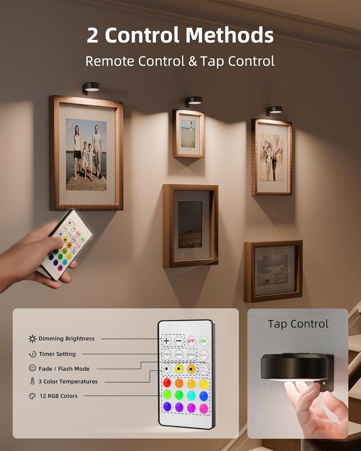 imageEZVALO Picture Lights for Wall 2000mAh Rechargeable Battery Magnetic Poster Lights with 3 Color Temps ampamp 12 RGB Remote Dimmable Timer Painting Light Wall Decor Light for Art Display Frame 6 PackBlack