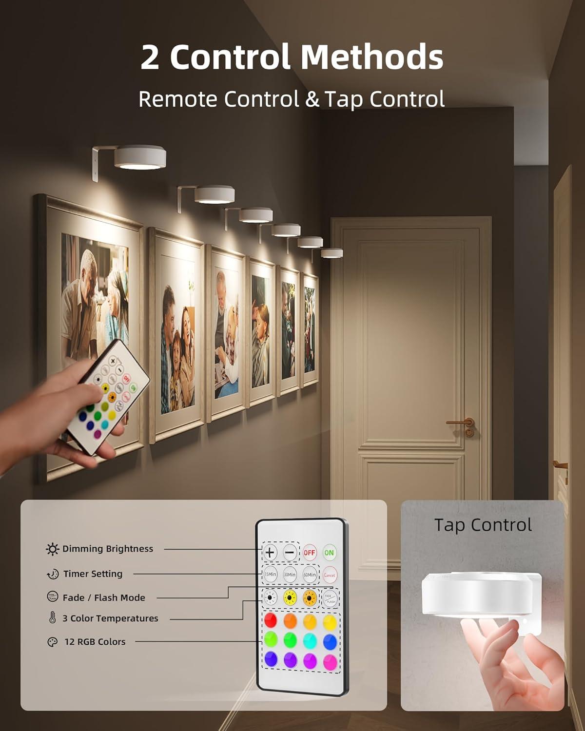 imageEZVALO Picture Lights for Wall 2000mAh Rechargeable Battery Magnetic Poster Lights with 3 Color Temps ampamp 12 RGB Remote Dimmable Timer Painting Light Wall Decor Light for Art Display Frame 6 PackWhite