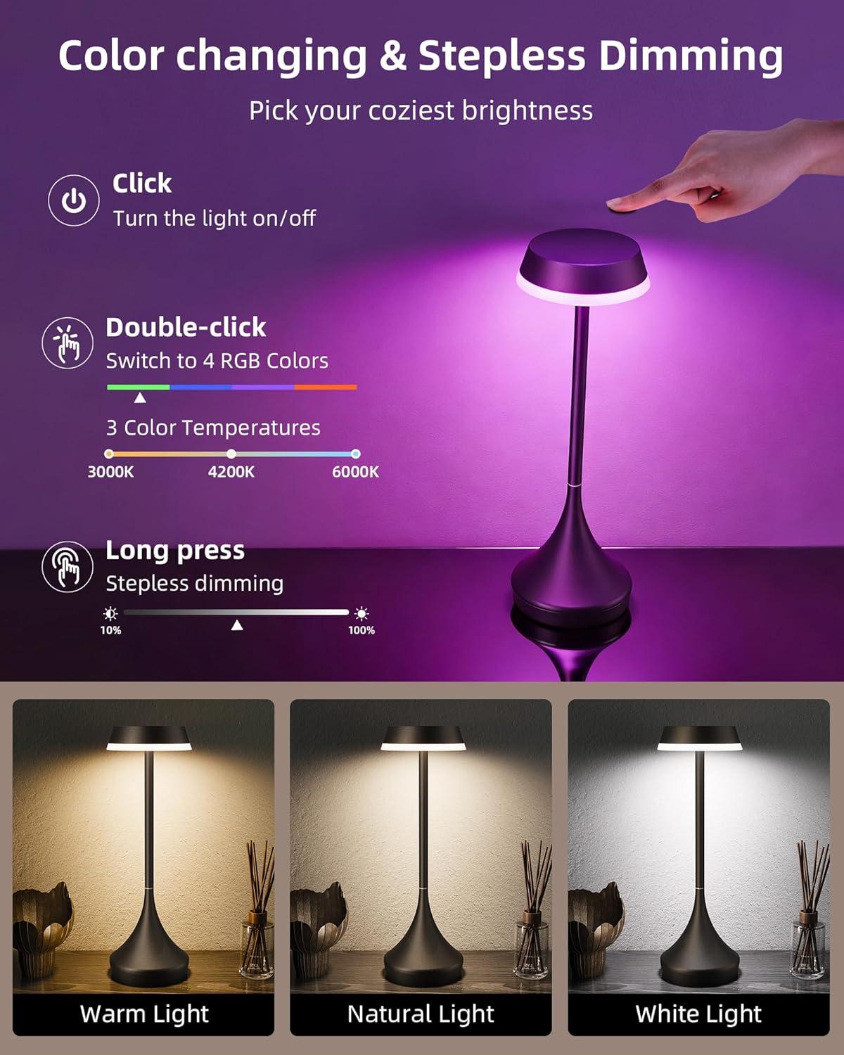 imageEZVALO Set of 2 Rechargeable Cordless Table Lamps Portable 6000mAh Outdoor Table Light3 Color ampamp RGB Color Changing Stepless Dimming Waterproof Table Lamp for HomeDinnerPatioRestaurantBarBlack