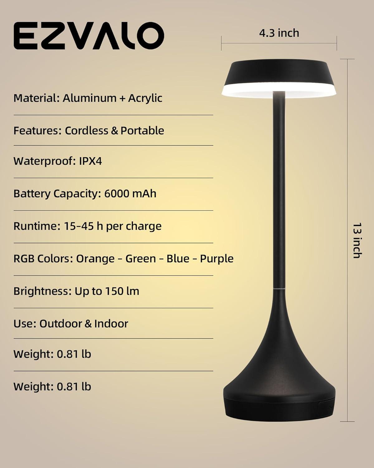 imageEZVALO Set of 2 Rechargeable Cordless Table Lamps Portable 6000mAh Outdoor Table Light3 Color ampamp RGB Color Changing Stepless Dimming Waterproof Table Lamp for HomeDinnerPatioRestaurantBarBlack