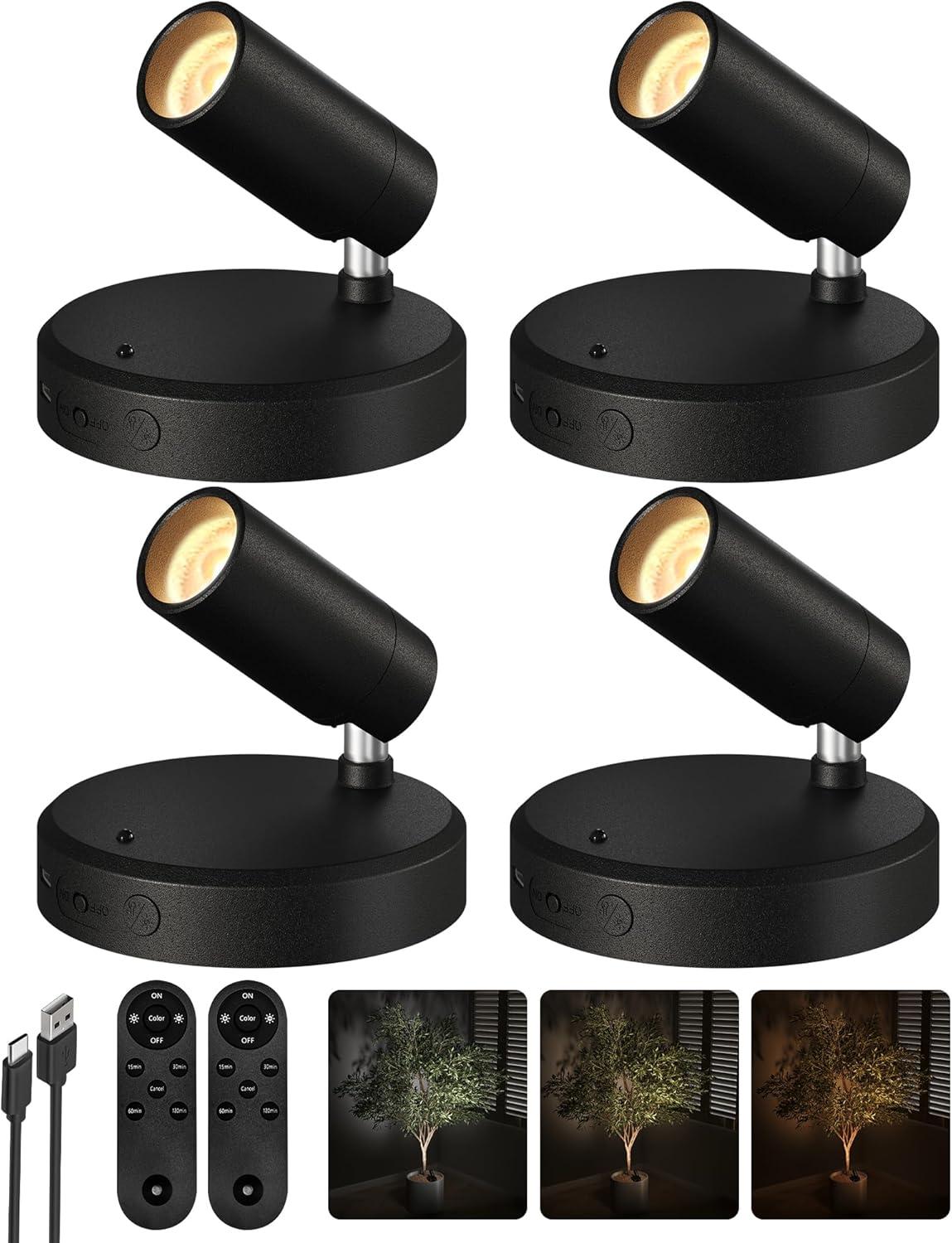imageEZVALO Spotlights Indoor with Remote 5500mAh Rechargeable Picture Lights Wireless LED Uplighting with TimerDimmable 3CCT Display Lights for Plant Painting Artwork Accent Lighting 2PackBlackBlack
