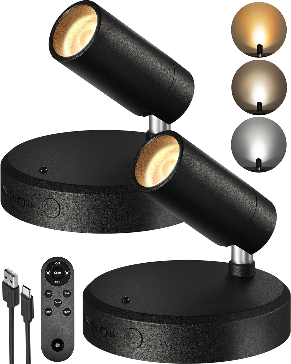 imageEZVALO Spotlights Indoor with Remote 5500mAh Rechargeable Picture Lights Wireless LED Uplighting with TimerDimmable 3CCT Display Lights for Plant Painting Artwork Accent Lighting 2PackBlackBlack