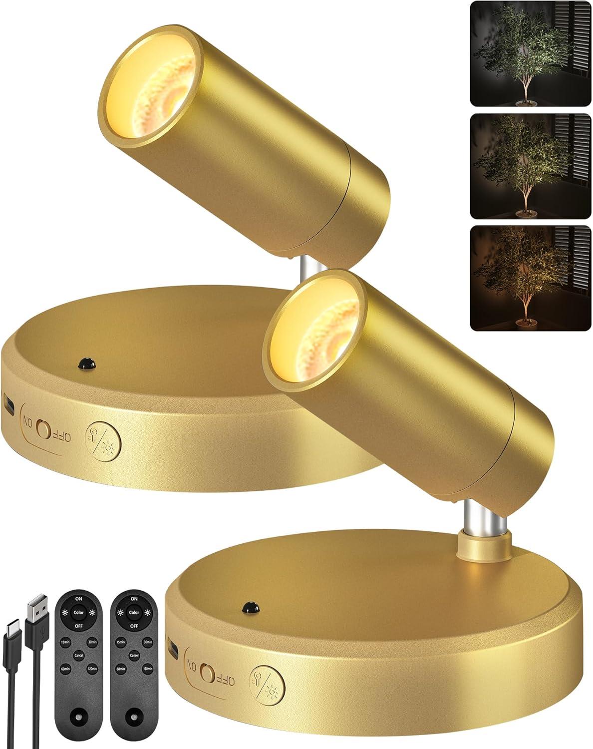 imageEZVALO Spotlights Indoor with Remote 5500mAh Rechargeable Picture Lights Wireless LED Uplighting with TimerDimmable 3CCT Display Lights for Plant Painting Artwork Accent Lighting 2PackBlackGold