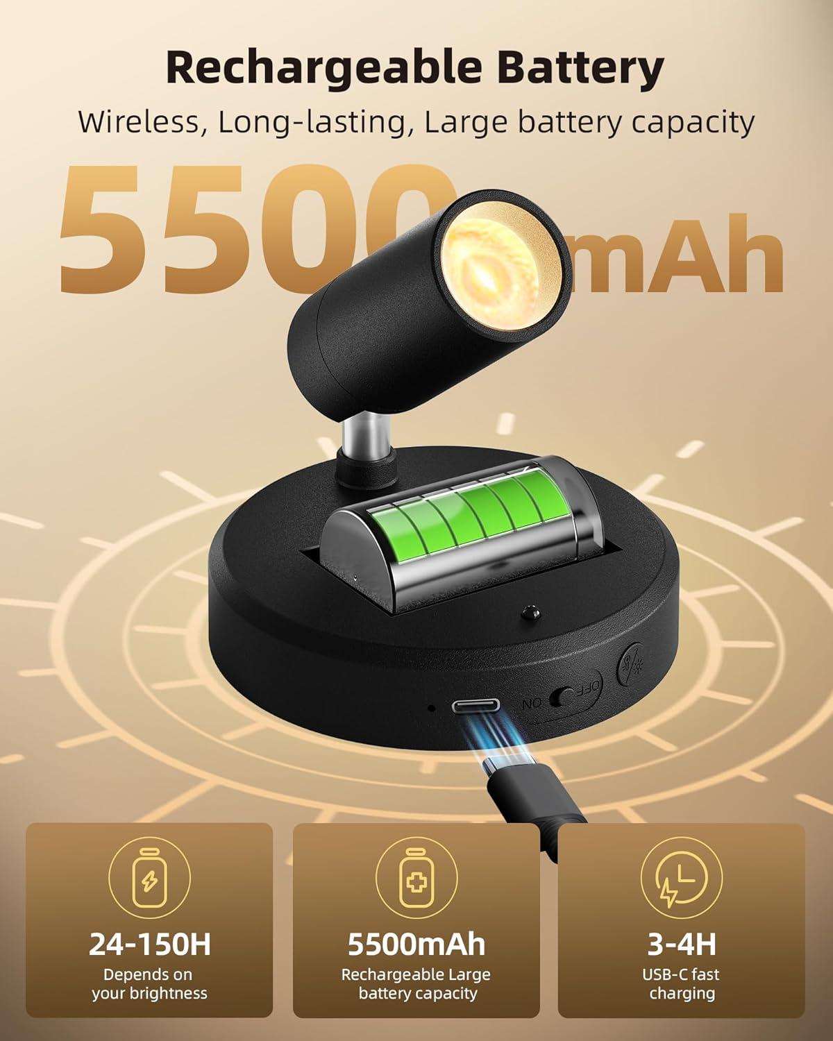 imageEZVALO Spotlights Indoor with Remote 5500mAh Rechargeable Picture Lights Wireless LED Uplighting with TimerDimmable 3CCT Display Lights for Plant Painting Artwork Accent Lighting 2PackBlackBlack
