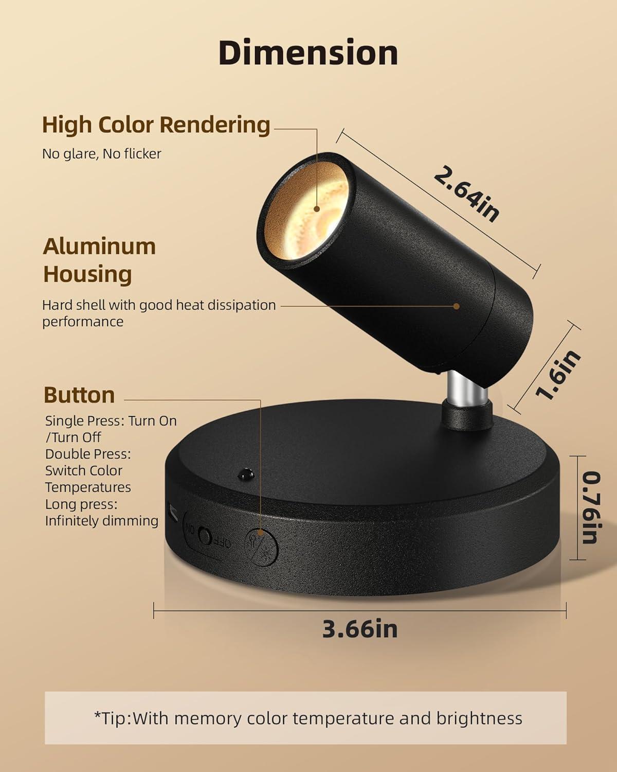 imageEZVALO Spotlights Indoor with Remote 5500mAh Rechargeable Picture Lights Wireless LED Uplighting with TimerDimmable 3CCT Display Lights for Plant Painting Artwork Accent Lighting 2PackBlackBlack