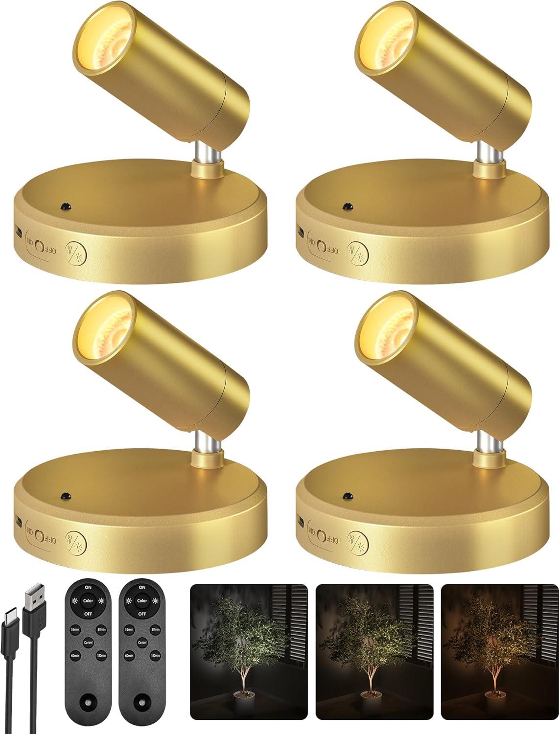 imageEZVALO Spotlights Indoor with Remote 5500mAh Rechargeable Picture Lights Wireless LED Uplighting with TimerDimmable 3CCT Display Lights for Plant Painting Artwork Accent Lighting 2PackBlackGold