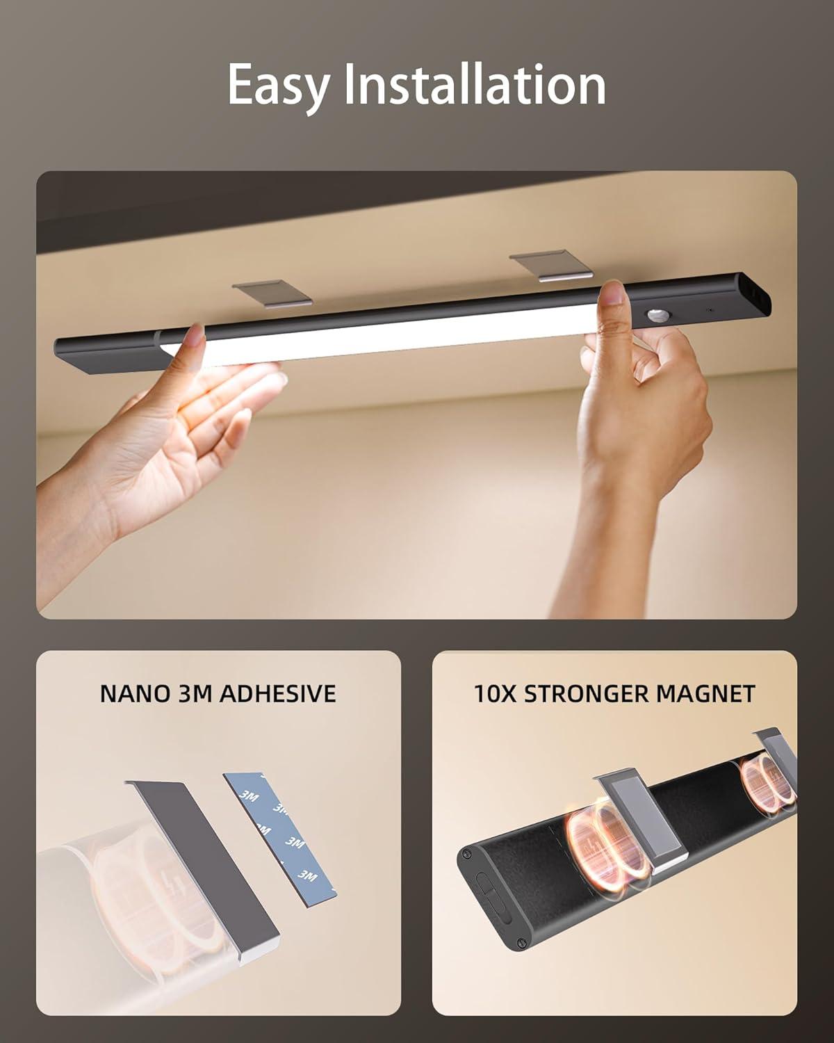 imageEZVALO Under Cabinet Lighting 2200mAh Rechargeable Battery 76 LEDs Dimmable Closet Lights 3 Color Temps Motion Sensor Light Indoor for Kitchen WardrobeSpace Gray
