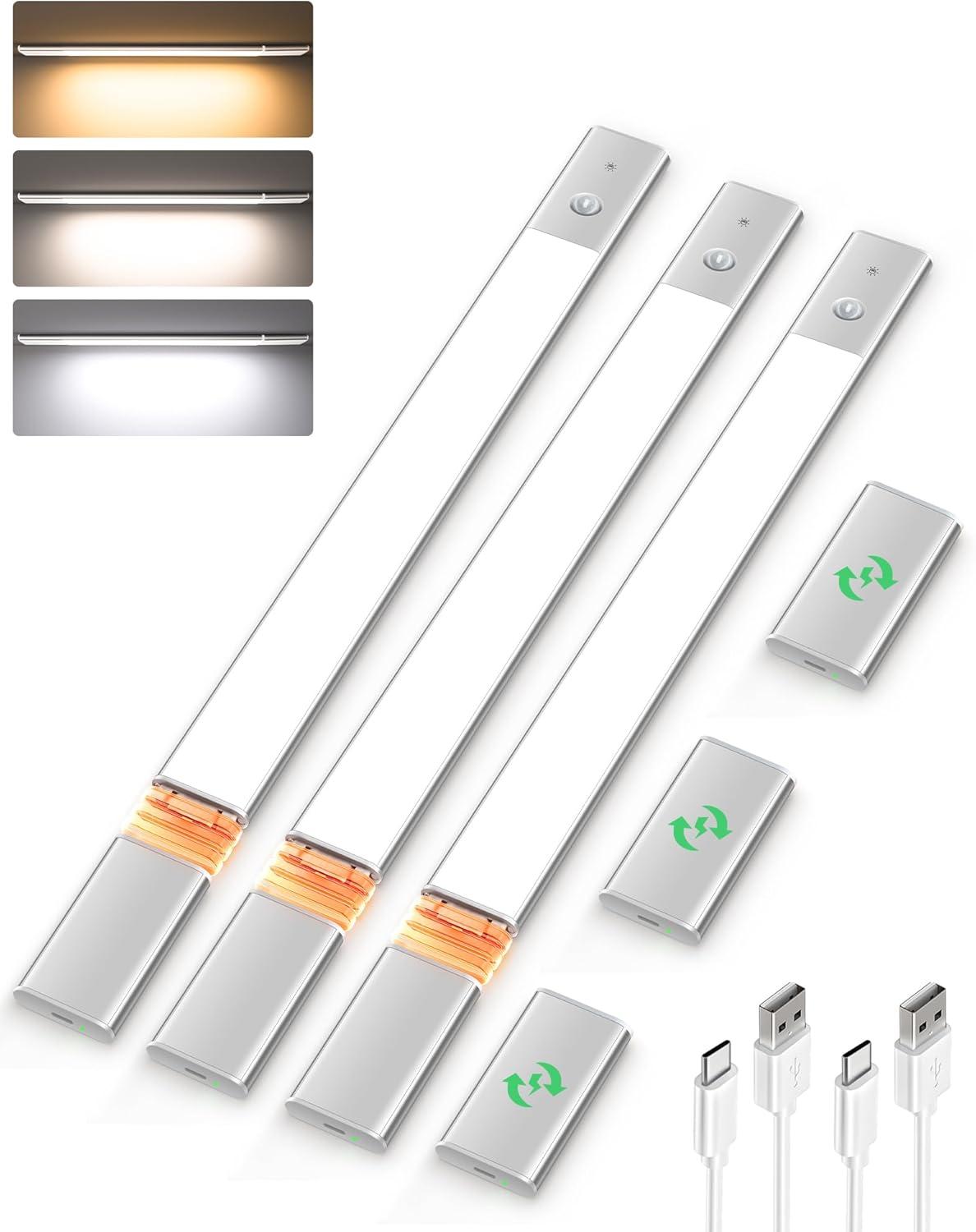 imageEZVALO Under Cabinet Lighting 2200mAh Rechargeable Battery 76 LEDs Dimmable Closet Lights 3 Color Temps Motion Sensor Light Indoor for Kitchen WardrobeSilver
