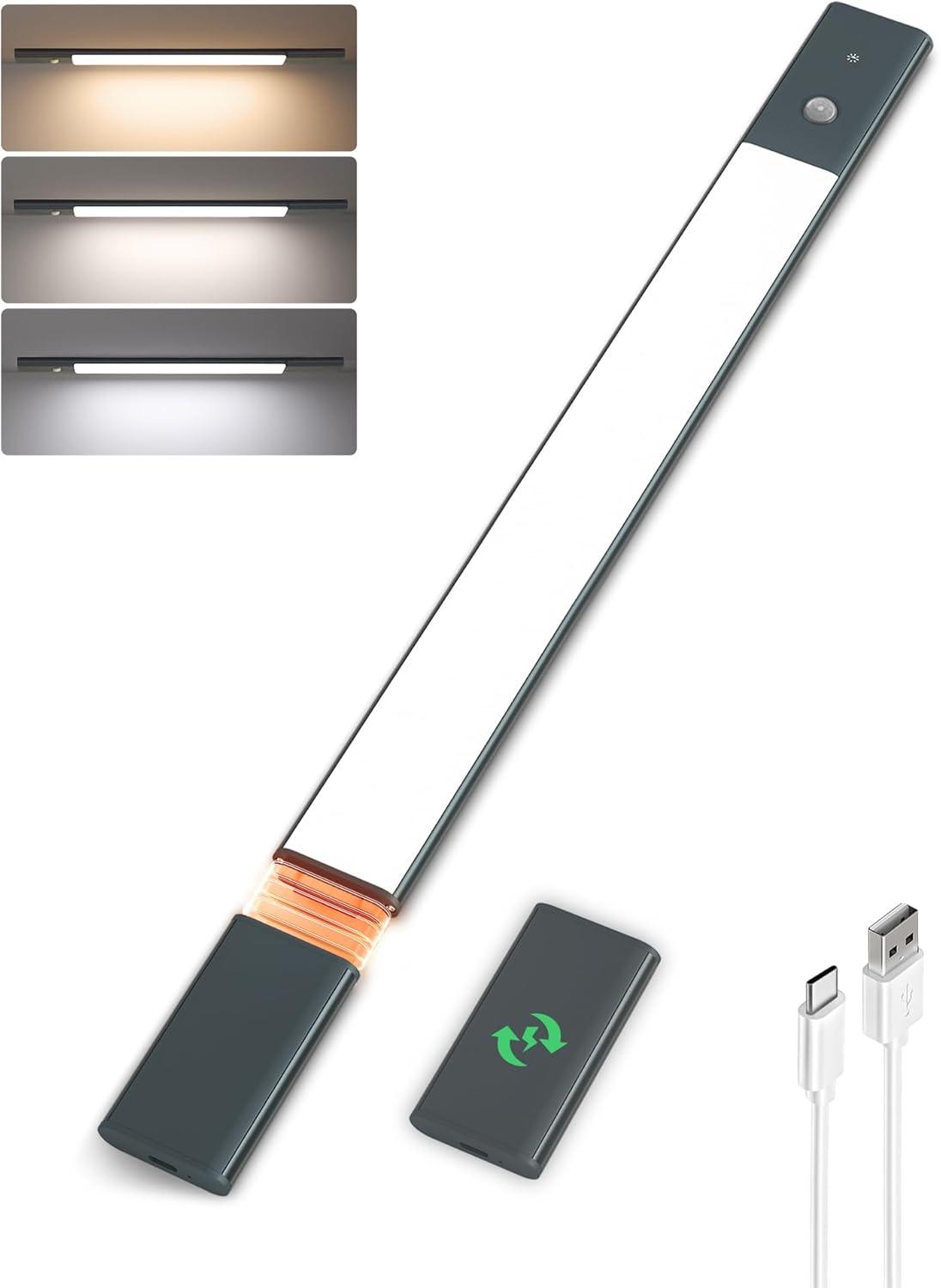 imageEZVALO Under Cabinet Lighting 2200mAh Rechargeable Battery 76 LEDs Dimmable Closet Lights 3 Color Temps Motion Sensor Light Indoor for Kitchen WardrobeSpace Gray