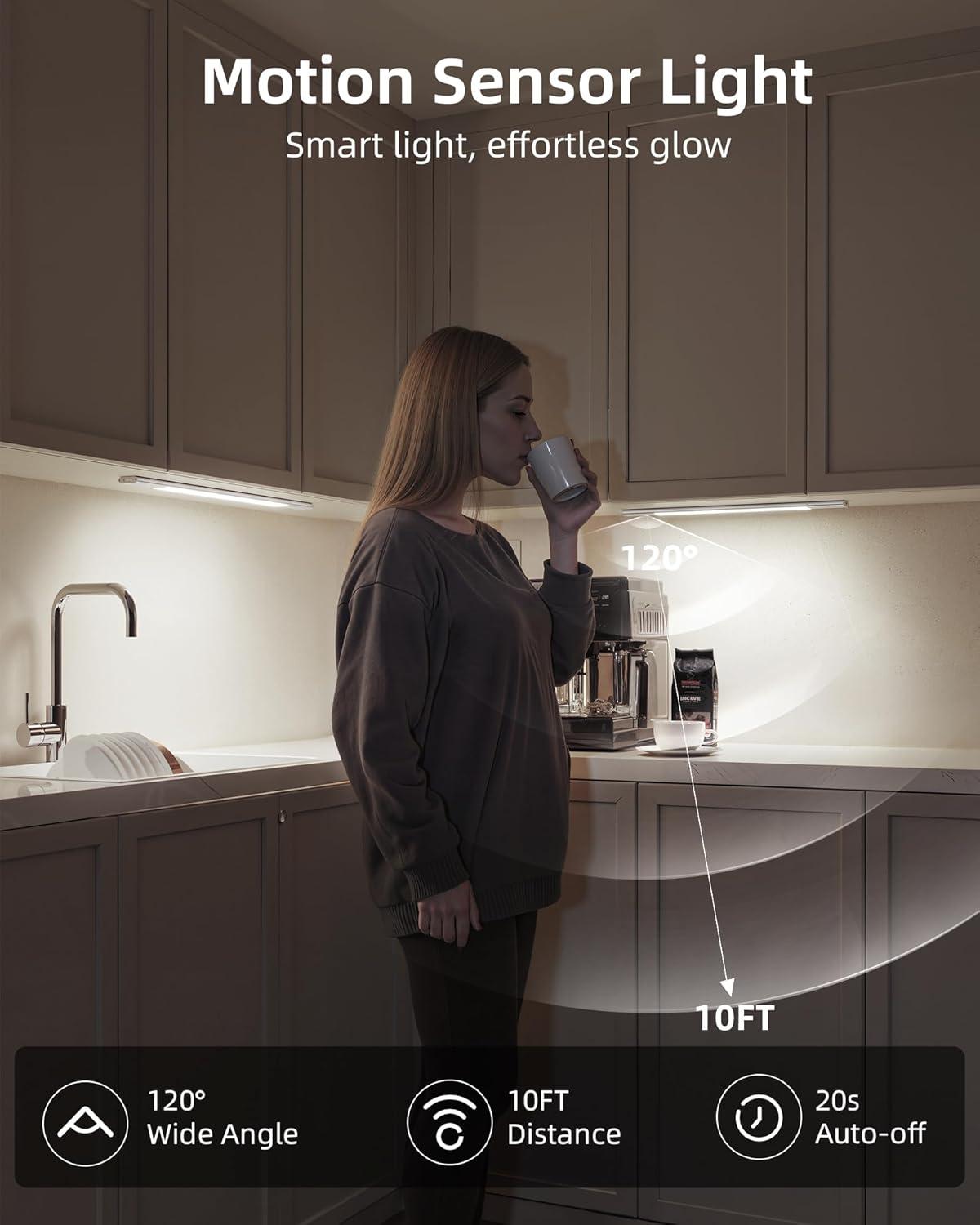 imageEZVALO Under Cabinet Lighting 2200mAh Rechargeable Battery 76 LEDs Dimmable Closet Lights 3 Color Temps Motion Sensor Light Indoor for Kitchen WardrobeSilver