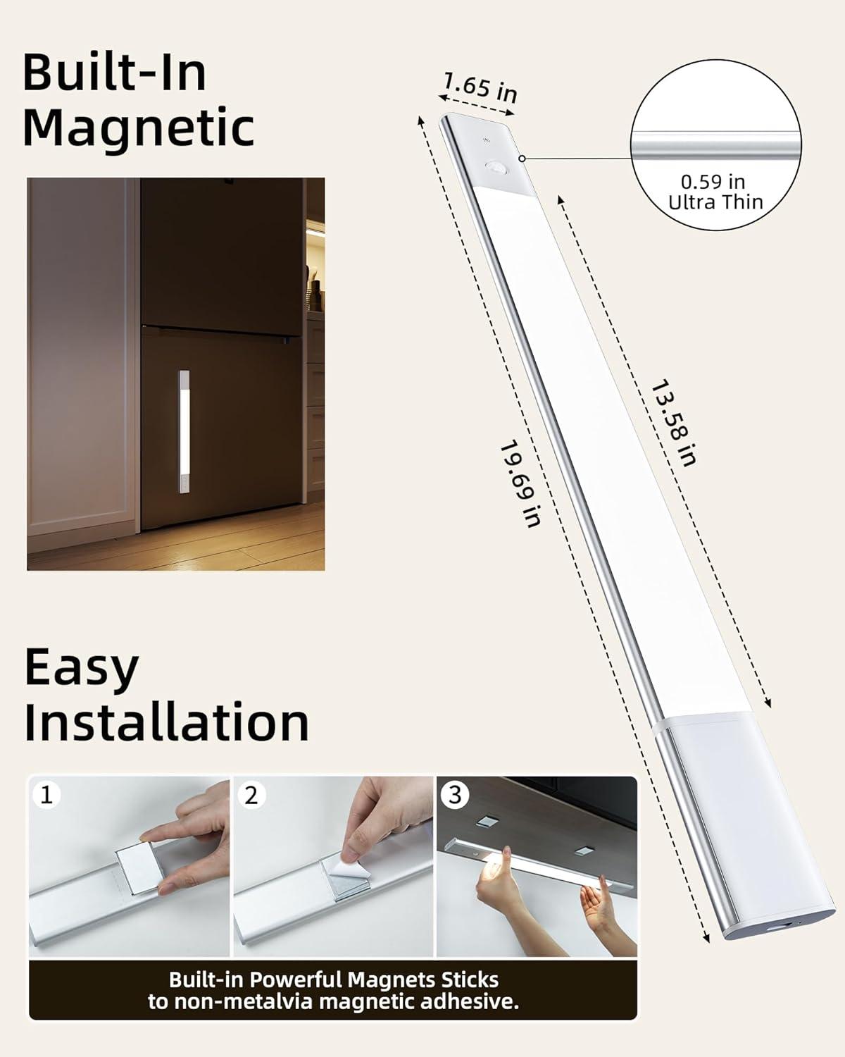 imageEZVALO Under Cabinet Lighting 2200mAh Rechargeable Battery 76 LEDs Dimmable Closet Lights 3 Color Temps Motion Sensor Light Indoor for Kitchen WardrobeSilver