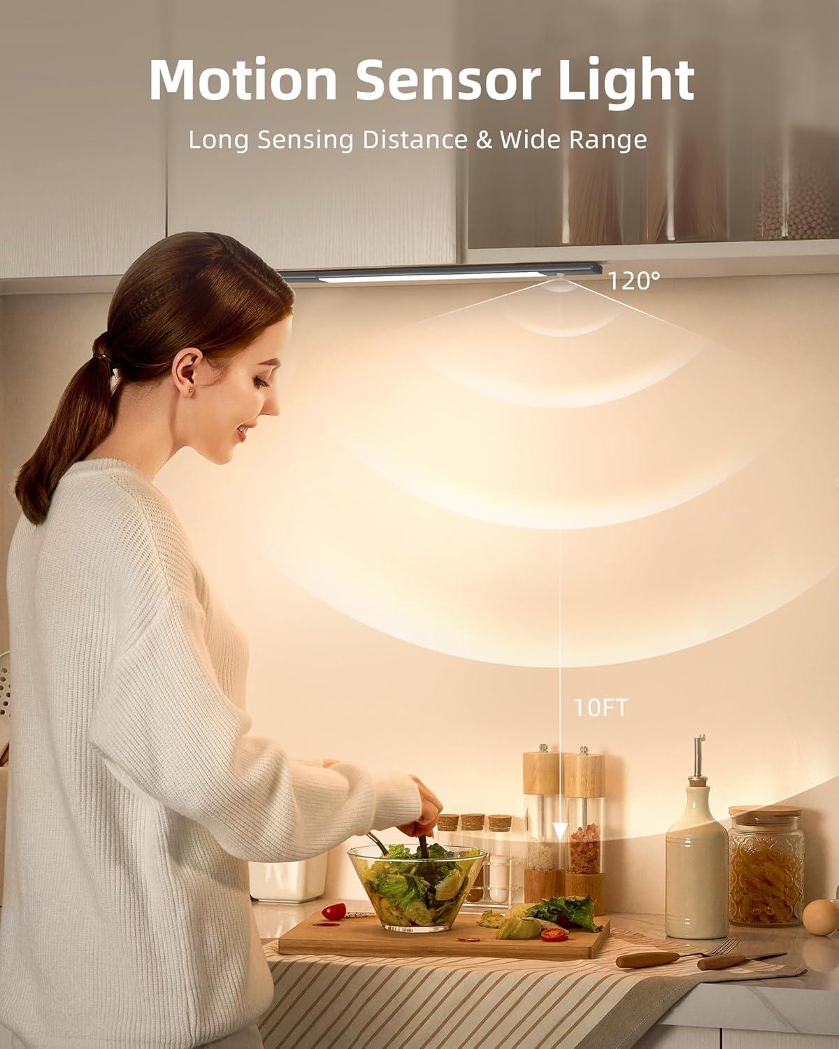 imageEZVALO Under Cabinet Lighting 2200mAh Rechargeable Battery 76 LEDs Dimmable Closet Lights 3 Color Temps Motion Sensor Light Indoor for Kitchen WardrobeSpace Gray