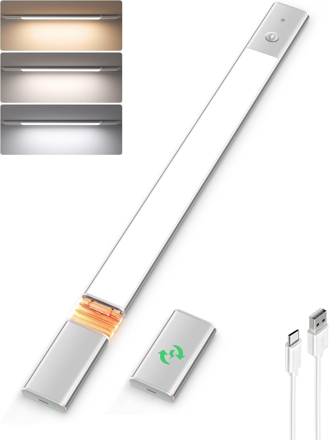 imageEZVALO Under Cabinet Lighting 2200mAh Rechargeable Battery 76 LEDs Dimmable Closet Lights 3 Color Temps Motion Sensor Light Indoor for Kitchen WardrobeSilver