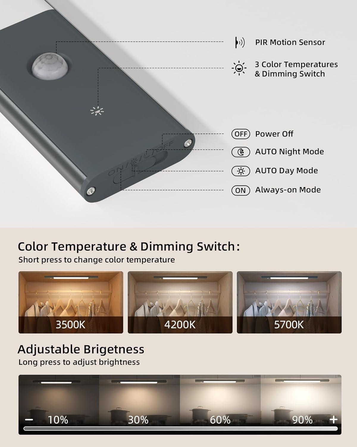 imageEZVALO Under Cabinet Lighting 2200mAh Rechargeable Battery 76 LEDs Dimmable Closet Lights 3 Color Temps Motion Sensor Light Indoor for Kitchen WardrobeSpace Gray