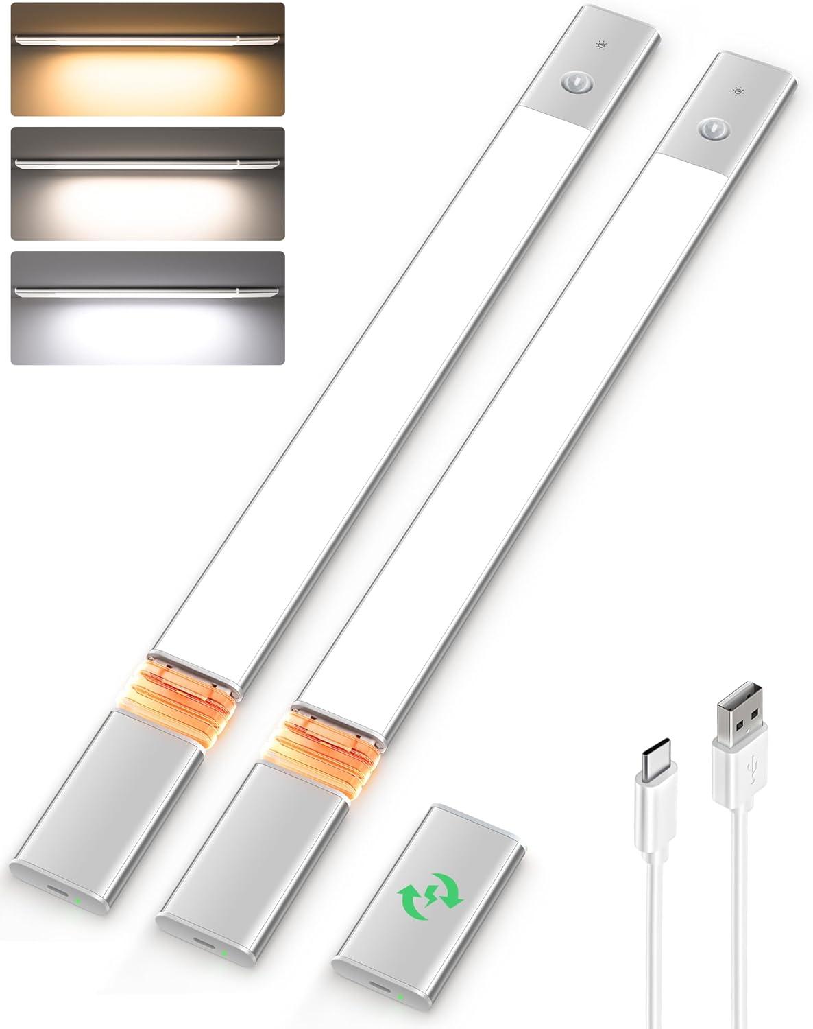 imageEZVALO Under Cabinet Lighting 2200mAh Rechargeable Battery 76 LEDs Dimmable Closet Lights 3 Color Temps Motion Sensor Light Indoor for Kitchen WardrobeSilver