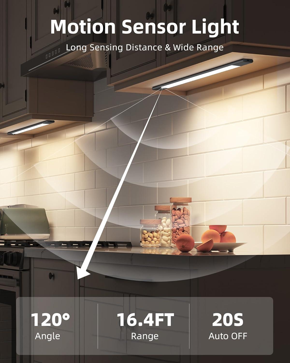 imageEZVALO Under Cabinet Lighting 2200mAh Rechargeable Battery 76 LEDs Dimmable Closet Lights 3 Color Temps Motion Sensor Light Indoor for Kitchen WardrobeSpace Gray