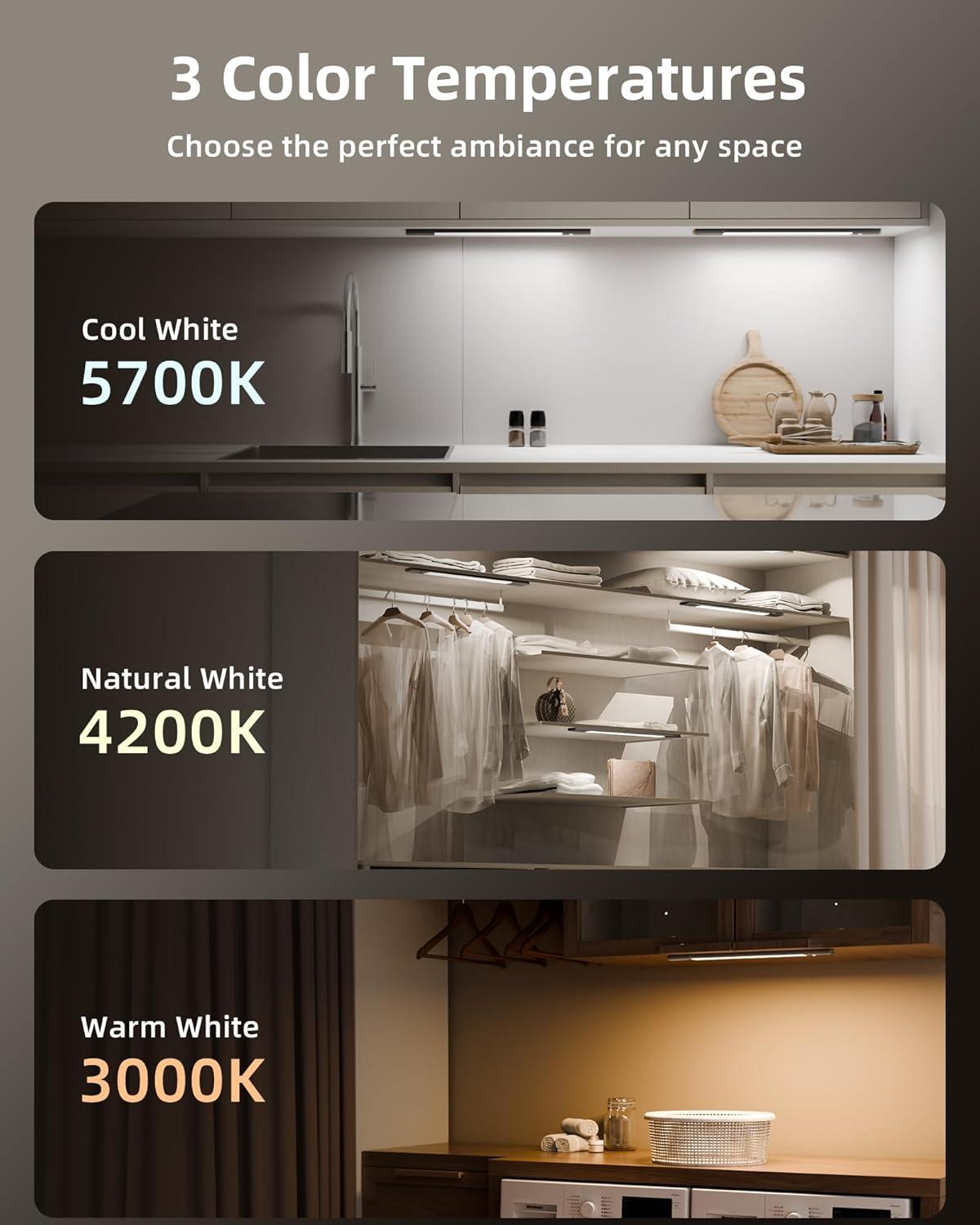 imageEZVALO Under Cabinet Lighting 2200mAh Rechargeable Battery 76 LEDs Dimmable Closet Lights 3 Color Temps Motion Sensor Light Indoor for Kitchen WardrobeSpace Gray