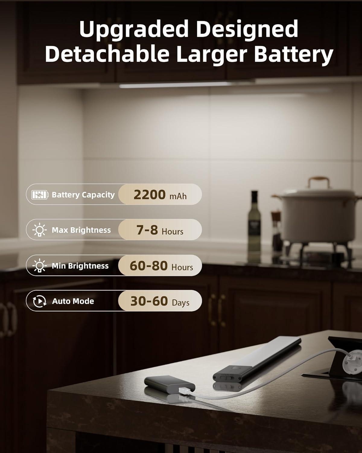 imageEZVALO Under Cabinet Lighting 2200mAh Rechargeable Battery 76 LEDs Dimmable Closet Lights 3 Color Temps Motion Sensor Light Indoor for Kitchen WardrobeSpace Gray